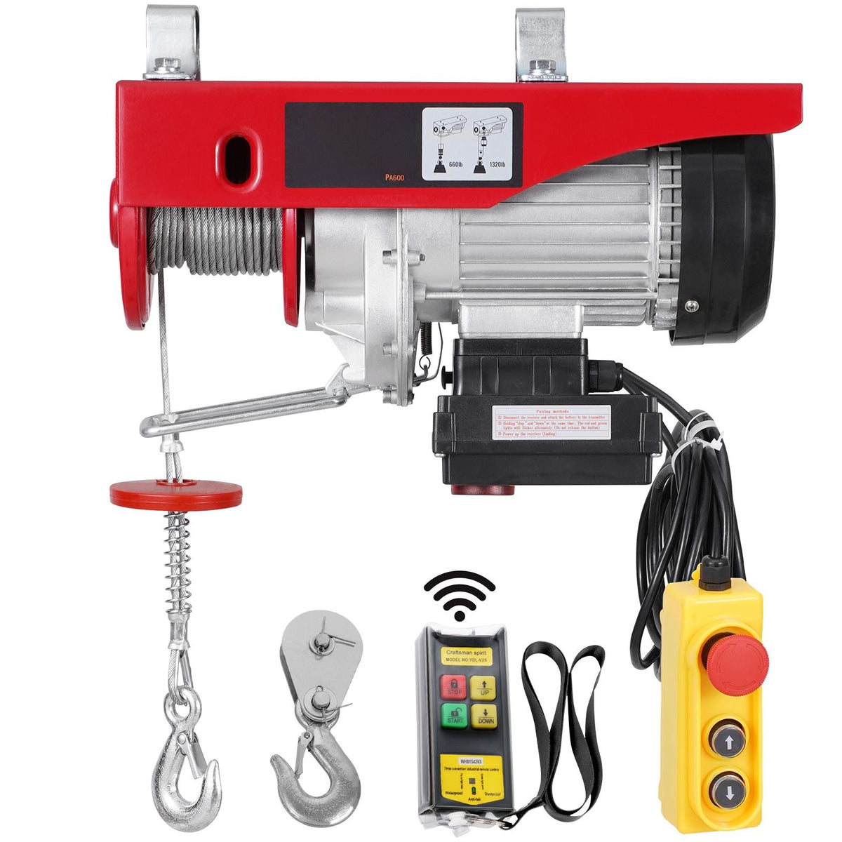 Electric Hoist Crane Winch 1320 lbs 328 ft Wireless & 14 ft Wired Remote