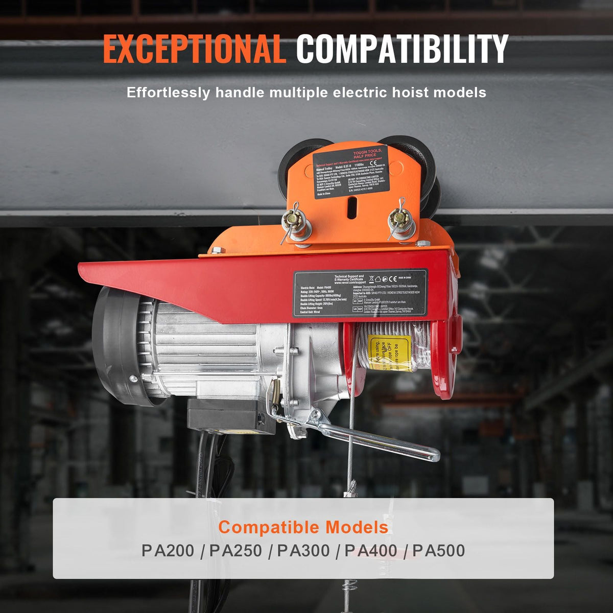 Electric Hoist Manual Trolley, 1100 lbs/0.5 Ton Capacity for PA200 PA250 PA300 PA400 PA500, Push Beam Trolley with Dual Wheels, 2.36"-4.72" Adjustable Flange Width for Straight Curved I Beam
