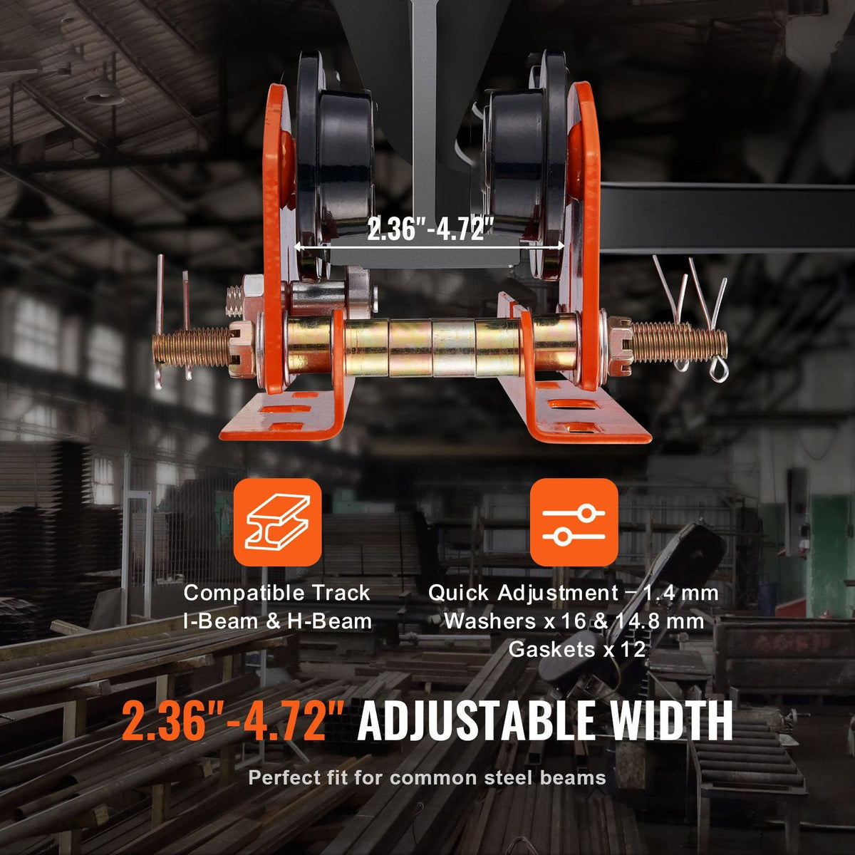 Electric Hoist Manual Trolley, 1100 lbs/0.5 Ton Capacity for PA200 PA250 PA300 PA400 PA500, Push Beam Trolley with Dual Wheels, 2.36"-4.72" Adjustable Flange Width for Straight Curved I Beam