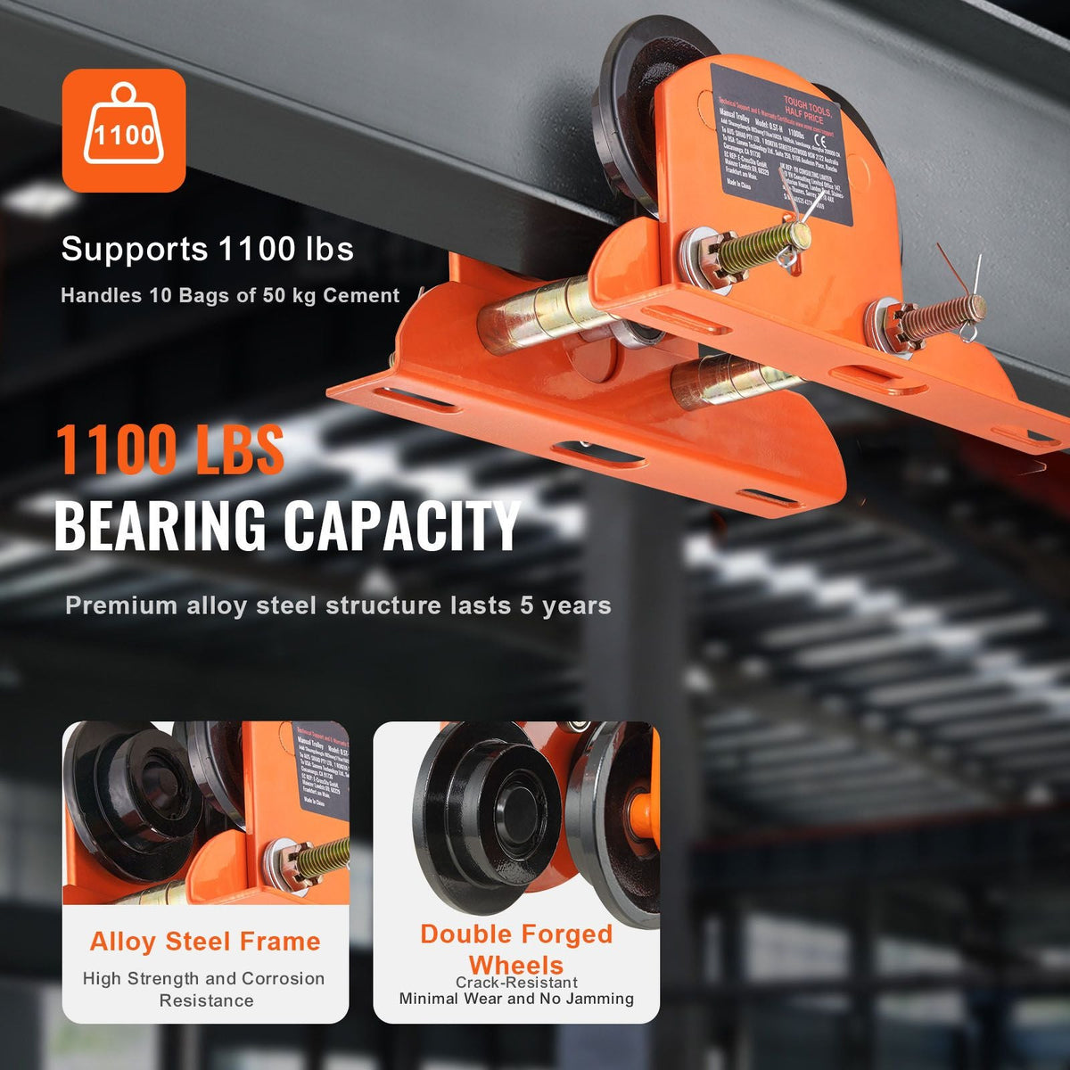 Electric Hoist Manual Trolley, 1100 lbs/0.5 Ton Capacity for PA200 PA250 PA300 PA400 PA500, Push Beam Trolley with Dual Wheels, 2.36"-4.72" Adjustable Flange Width for Straight Curved I Beam