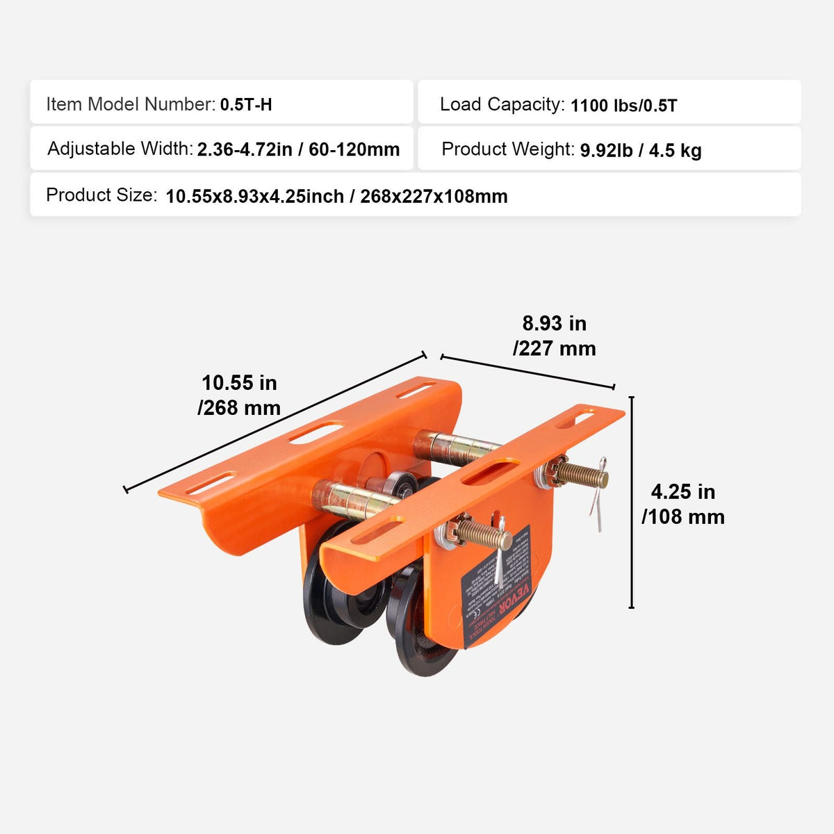 Electric Hoist Manual Trolley, 1100 lbs/0.5 Ton Capacity for PA200 PA250 PA300 PA400 PA500, Push Beam Trolley with Dual Wheels, 2.36"-4.72" Adjustable Flange Width for Straight Curved I Beam
