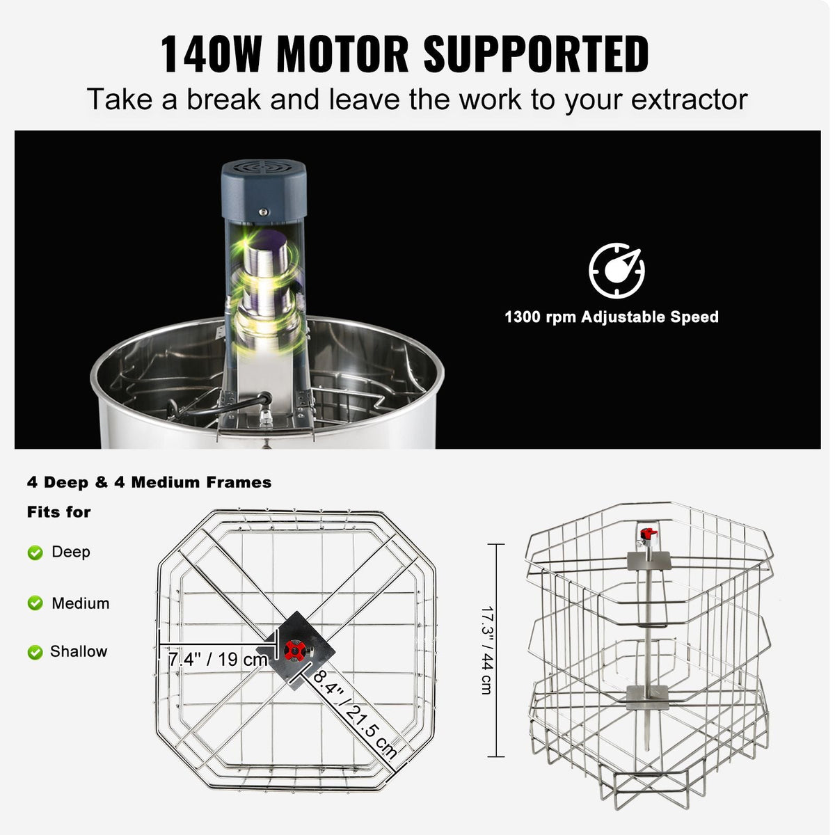 Electric Honey Extractor, 4/8 Frames Honey Spinner Extractor, Stainless Steel Beekeeping Extraction, Apiary Centrifuge Equipment with Height Adjustable Stand, Honeycomb Drum Spinner with Lid