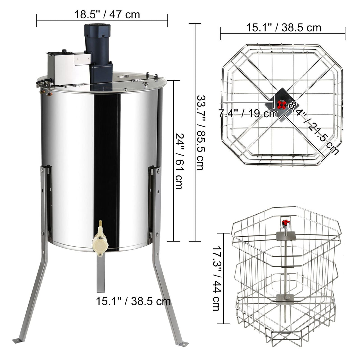 Electric Honey Extractor, 4/8 Frames Honey Spinner Extractor, Stainless Steel Beekeeping Extraction, Apiary Centrifuge Equipment with Height Adjustable Stand, Honeycomb Drum Spinner with Lid