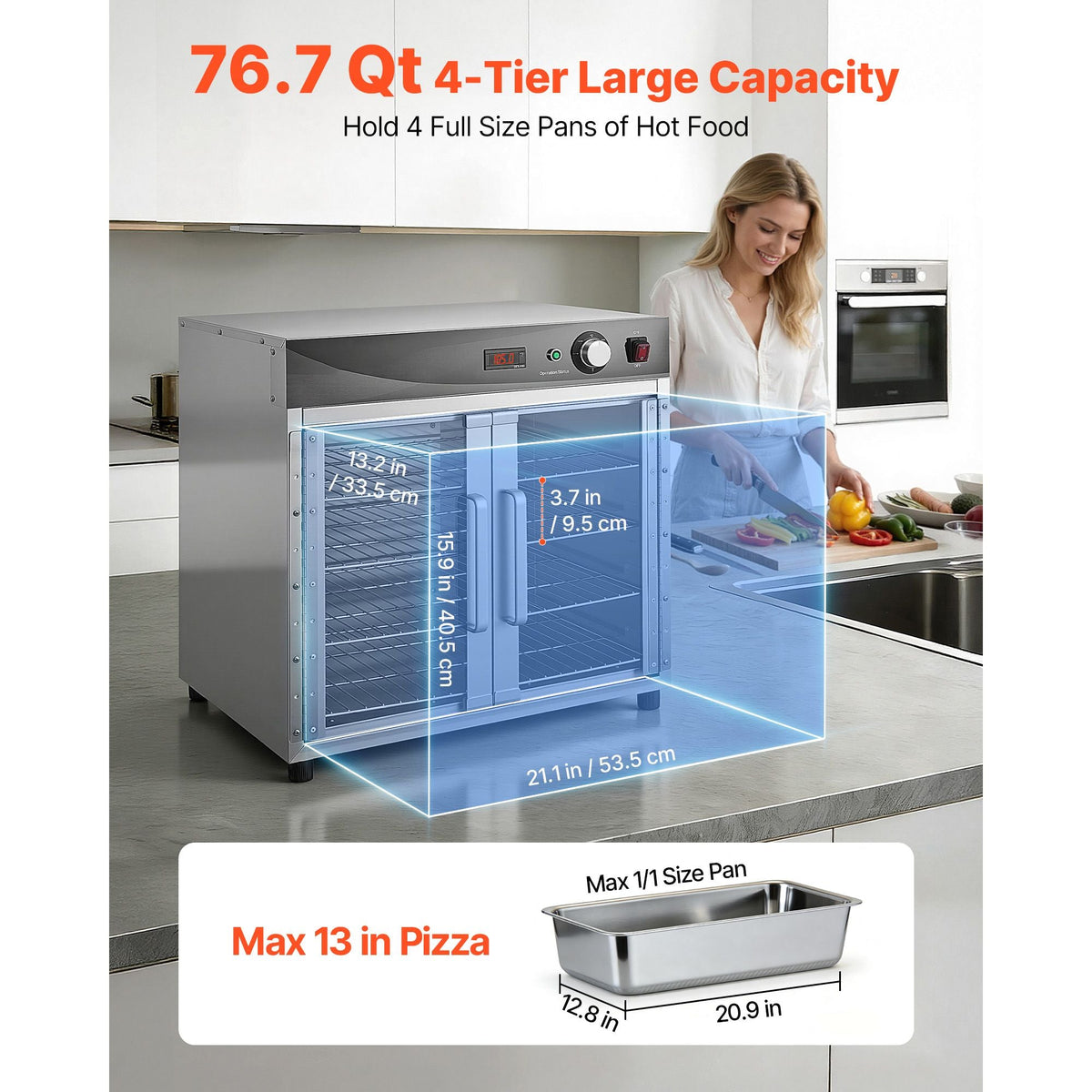Electric Hot Box Food Warmer, 4-Tier Commercial Warming Cabinet with Water Tray, Glass Door and Adjustable Shelves, Stainless Steel Food Warmer Cabinet, for Restaurant, Kitchen, Pizza, Chicken