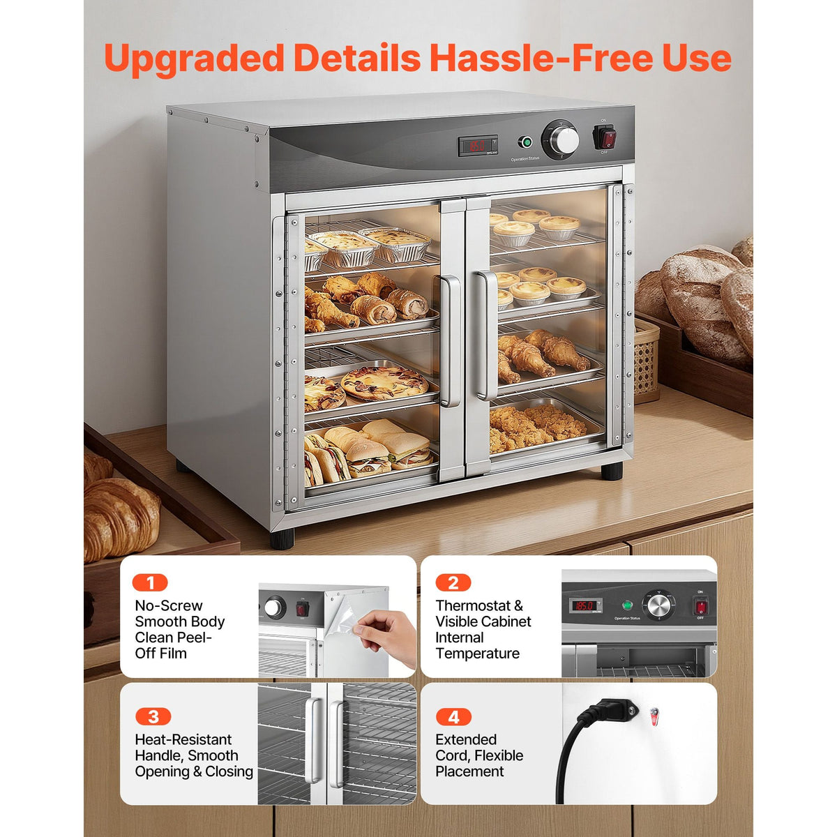 Electric Hot Box Food Warmer, 4-Tier Commercial Warming Cabinet with Water Tray, Glass Door and Adjustable Shelves, Stainless Steel Food Warmer Cabinet, for Restaurant, Kitchen, Pizza, Chicken