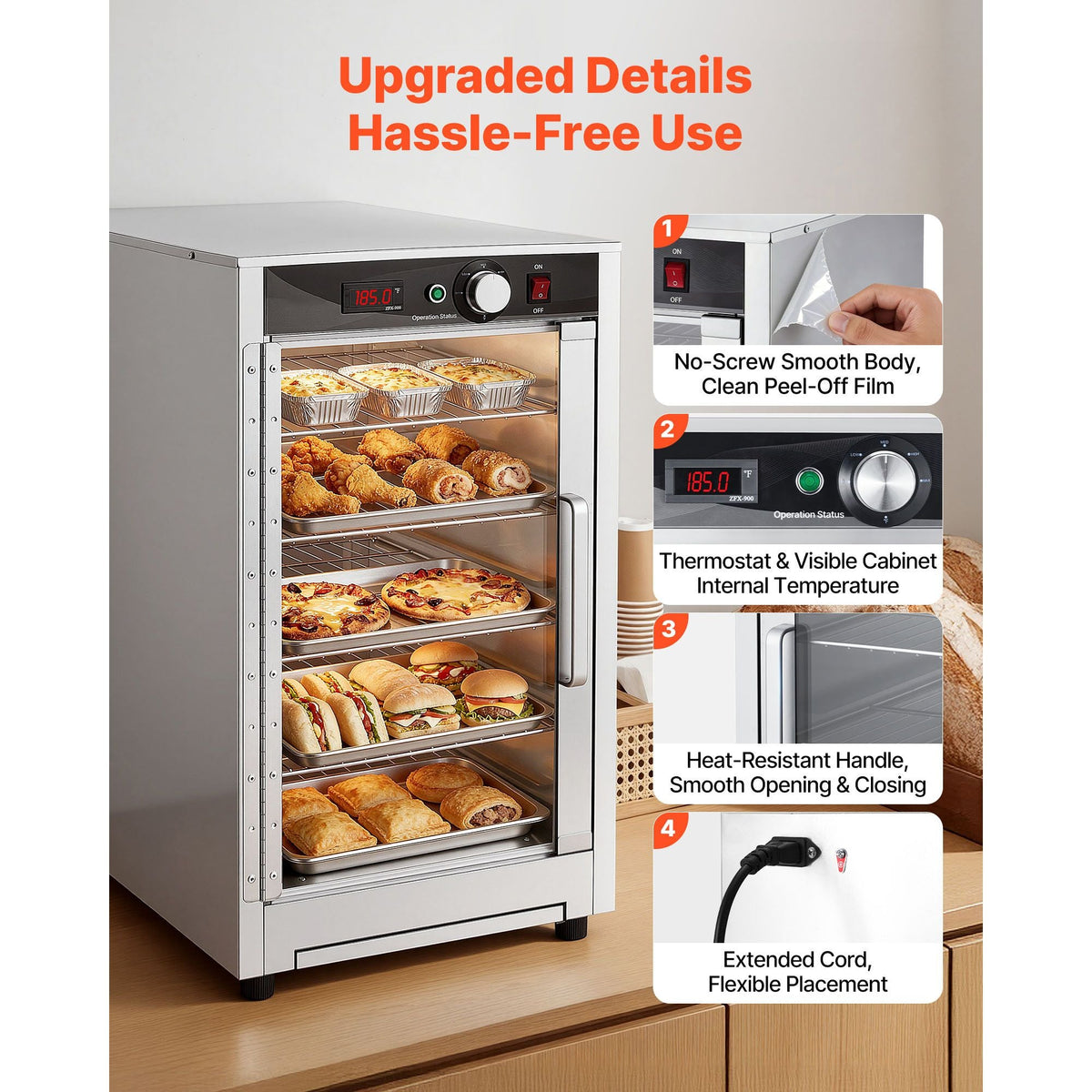Electric Hot Box Food Warmer, 5-Tier Commercial Warming Cabinet with Water Tray, Glass Door and Adjustable Shelves, Stainless Steel Food Warmer Cabinet, for Restaurant, Kitchen, Pizza, Chicken