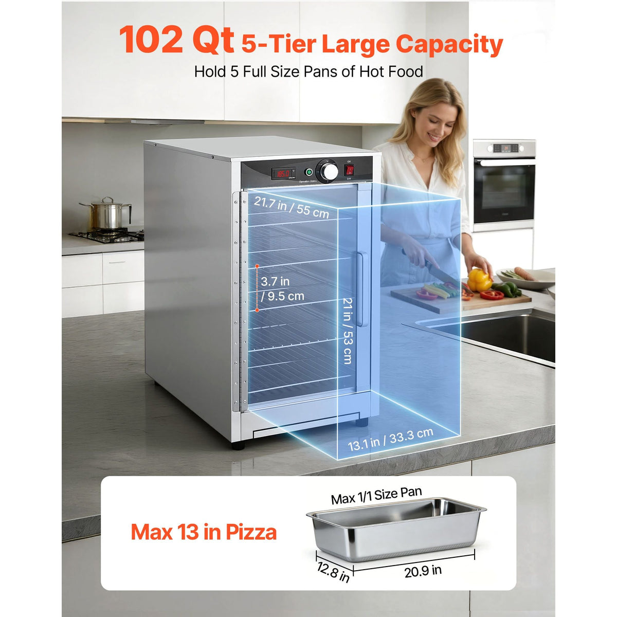 Electric Hot Box Food Warmer, 5-Tier Commercial Warming Cabinet with Water Tray, Glass Door and Adjustable Shelves, Stainless Steel Food Warmer Cabinet, for Restaurant, Kitchen, Pizza, Chicken