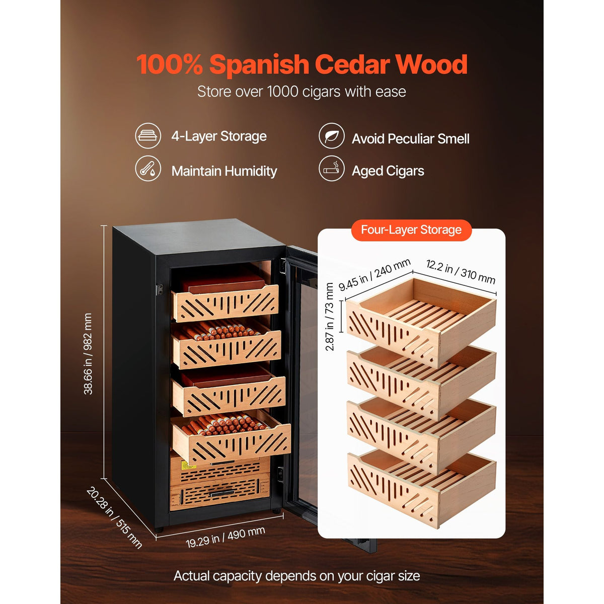 Electric Humidor, 105L, 1000 Counts Electric Cigar Humidor Cabinet with Compressor Cooling, Constant Humidity & Temperature Control, Spanish Cedar Wood Shelves & Drawers, 4 Layers, for Household