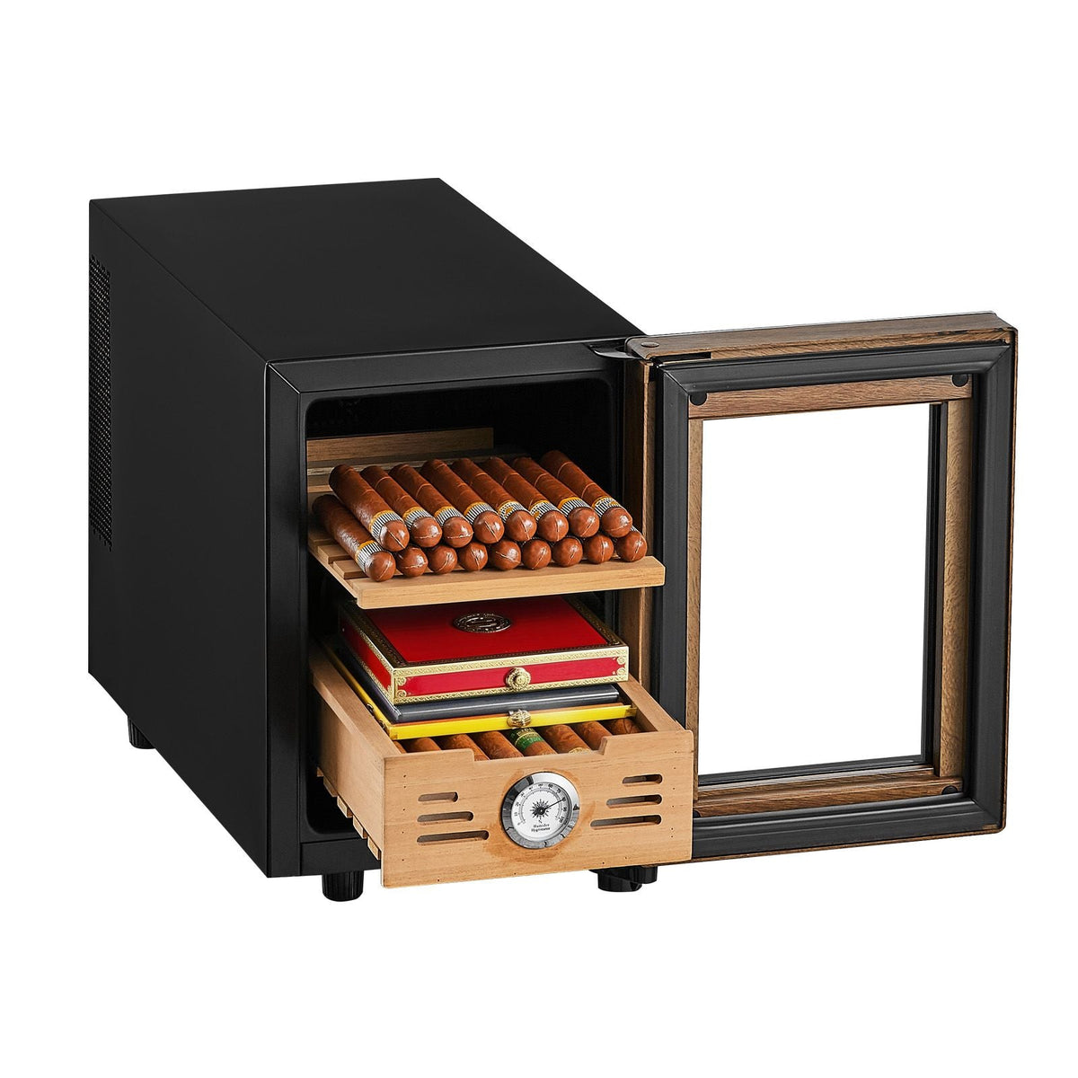 Electric Humidor, 16L, 100 Counts Electric Cigar Humidor Cabinet with Cooling Temperature Control, Spanish Cedar Wood Shelves & Drawers, Mechanical Hygrometer, 2 Layers, Cooler for Household