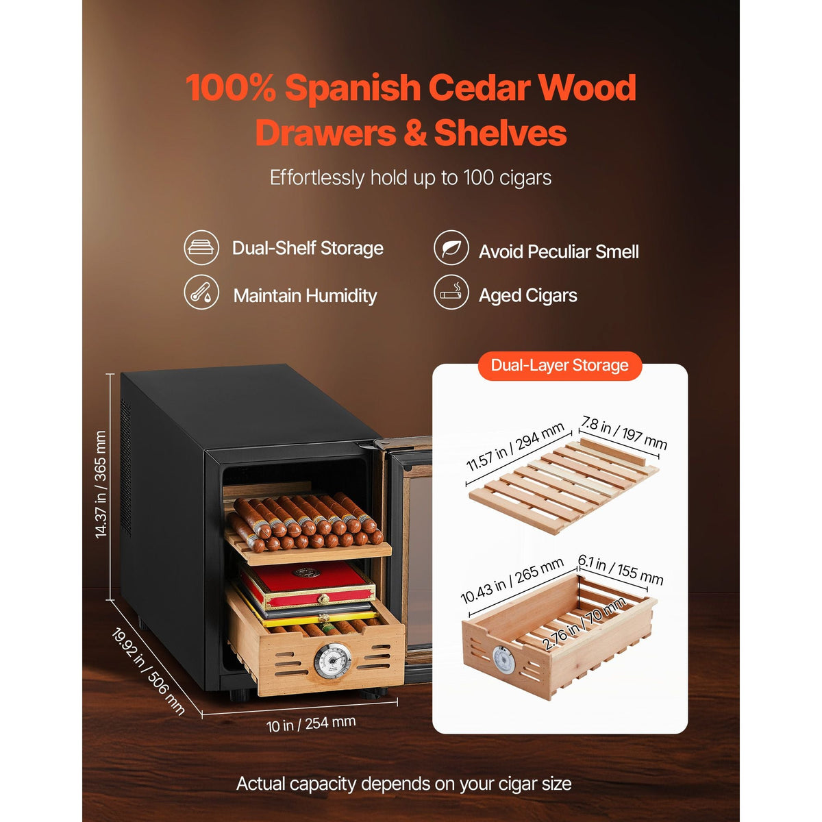 Electric Humidor, 16L, 100 Counts Electric Cigar Humidor Cabinet with Cooling Temperature Control, Spanish Cedar Wood Shelves & Drawers, Mechanical Hygrometer, 2 Layers, Cooler for Household