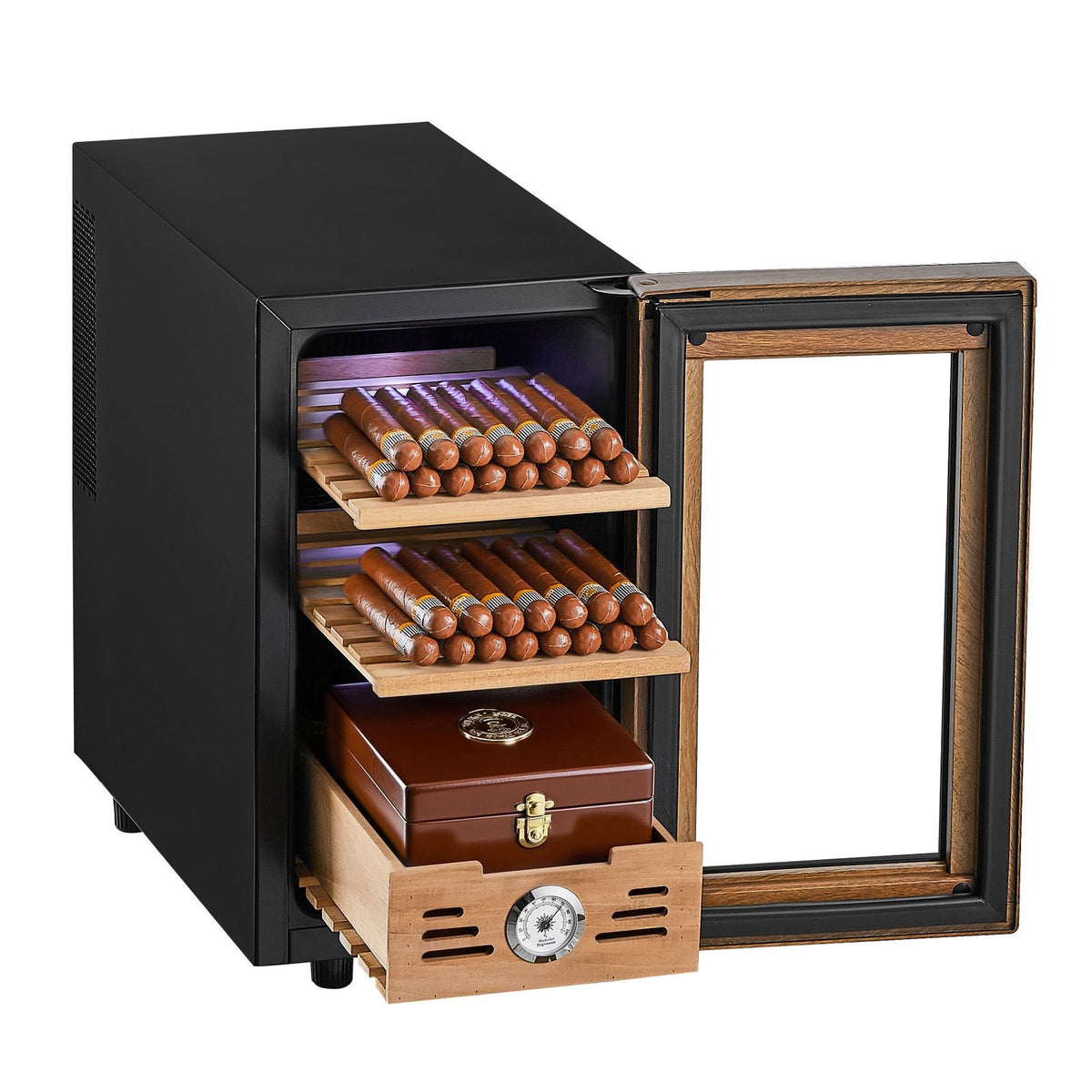 Electric Humidor, 23L, 150 Counts Electric Cigar Humidor Cabinet with Cooling Temperature Control, Spanish Cedar Wood Shelves & Drawers, Mechanical Hygrometer, 3 Layers, Cooler for Household