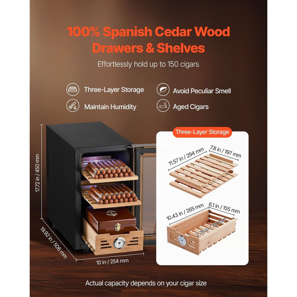 Electric Humidor, 23L, 150 Counts Electric Cigar Humidor Cabinet with Cooling Temperature Control, Spanish Cedar Wood Shelves & Drawers, Mechanical Hygrometer, 3 Layers, Cooler for Household