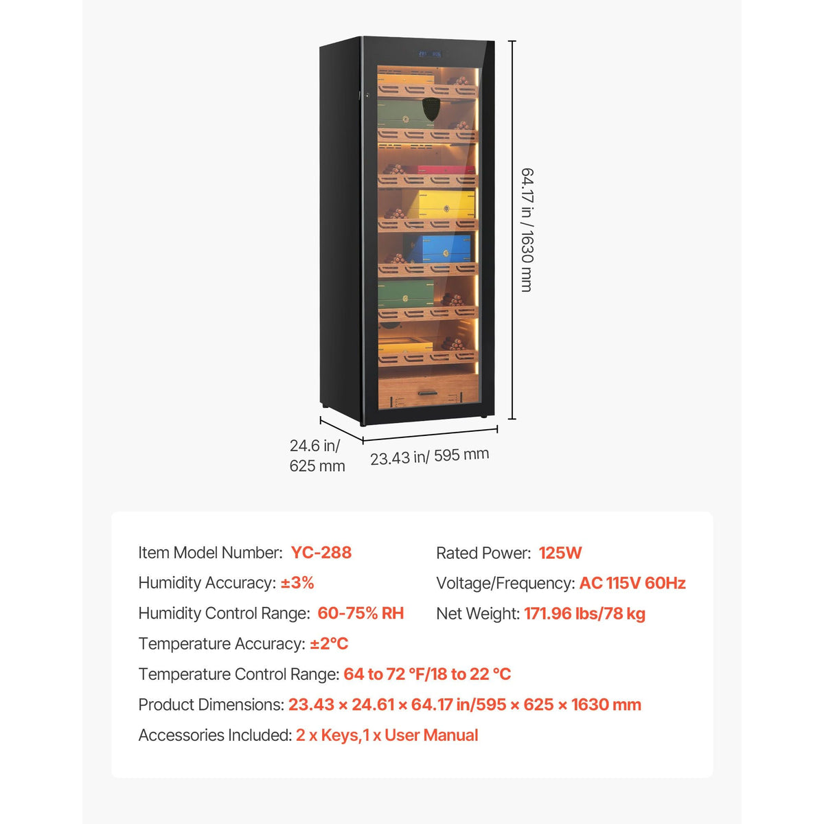 Electric Humidor, 288L, 1700 Counts Electric Cigar Humidor Cabinet with Compressor Cooling, Constant Humidity & Temperature Control, Spanish Cedar Wood Shelves & Drawers, 7 Layers, for Household