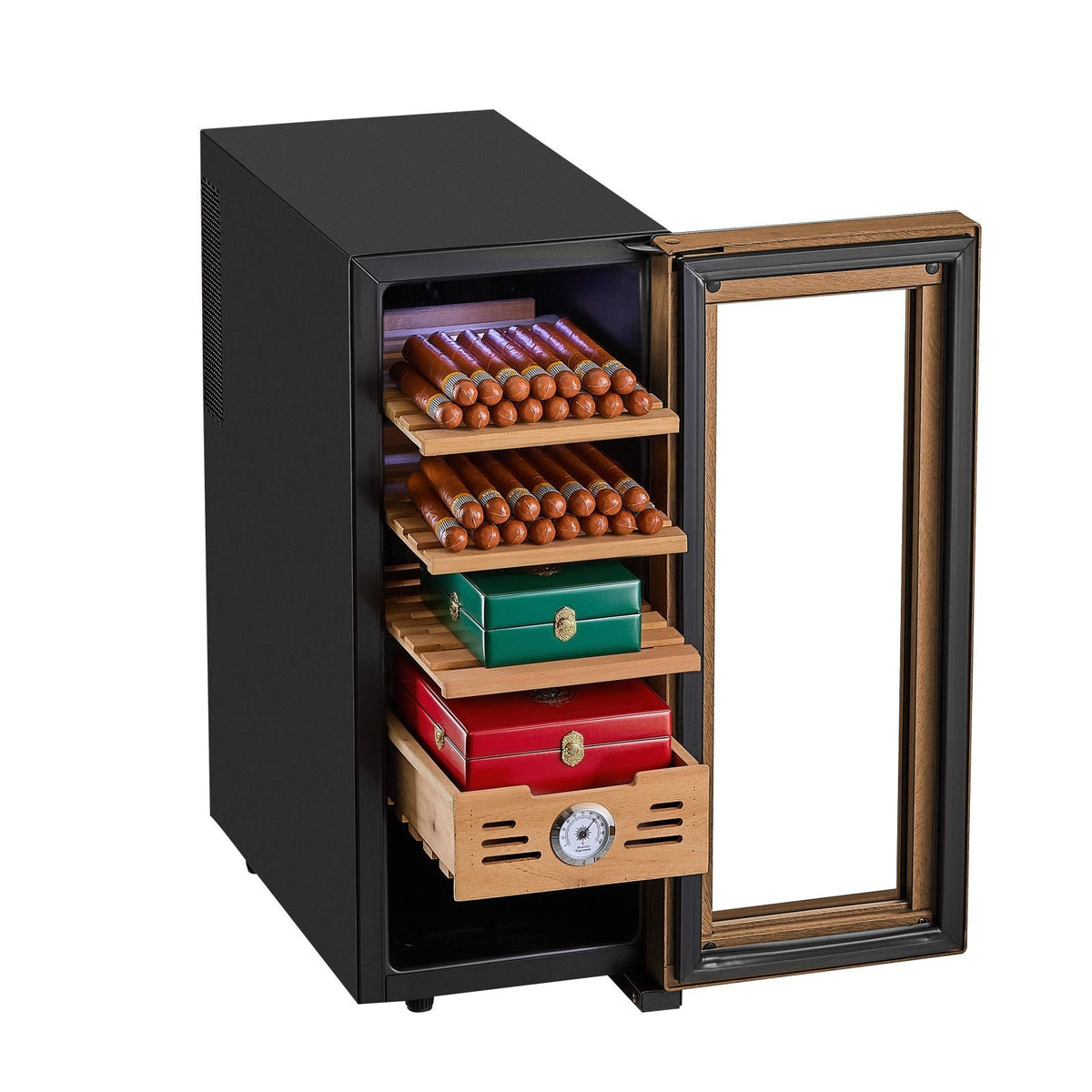 Electric Humidor, 33L, 250 Counts Electric Cigar Humidor Cabinet with Cooling Temperature Control, Spanish Cedar Wood Shelves & Drawers, Mechanical Hygrometer, 4 Layers, Cooler for Household
