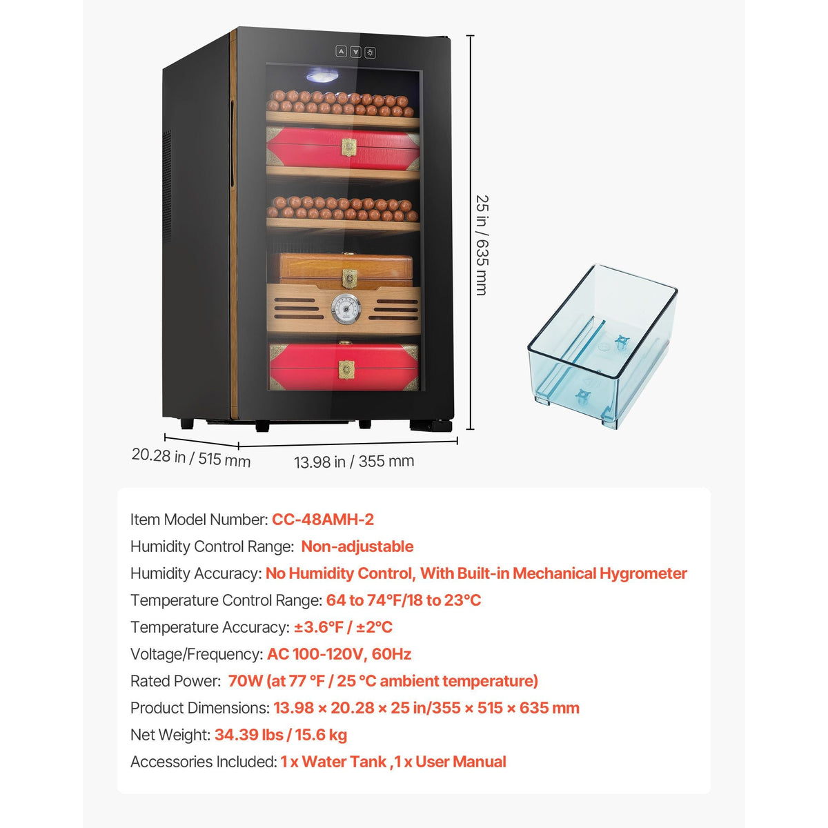 Electric Humidor, 48L, 350 Counts Electric Cigar Humidor Cabinet with Cooling Temperature Control, Spanish Cedar Wood Shelves & Drawers, Mechanical Hygrometer, 4 Layers, Cooler for Household