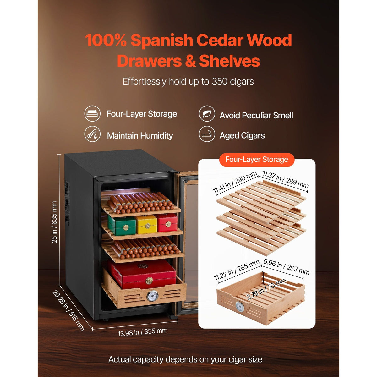 Electric Humidor, 48L, 350 Counts Electric Cigar Humidor Cabinet with Cooling Temperature Control, Spanish Cedar Wood Shelves & Drawers, Mechanical Hygrometer, 4 Layers, Cooler for Household