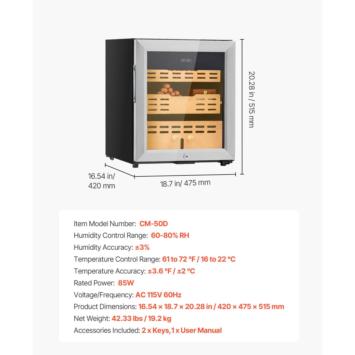 Electric Humidor, 50L, 300 Counts Electric Cigar Humidor Cabinet with Compressor Cooling, Constant Humidity & Temperature Control, Spanish Cedar Wood Shelves & Drawers, 2 Layers, for Household