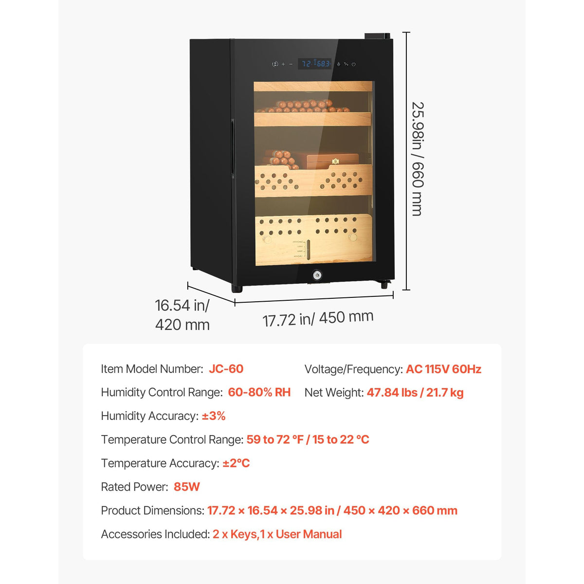 Electric Humidor, 60L, 350 Counts Electric Cigar Humidor Cabinet with Compressor Cooling, Constant Humidity & Temperature Control, Spanish Cedar Wood Shelves & Drawers, 3 Layers, for Household
