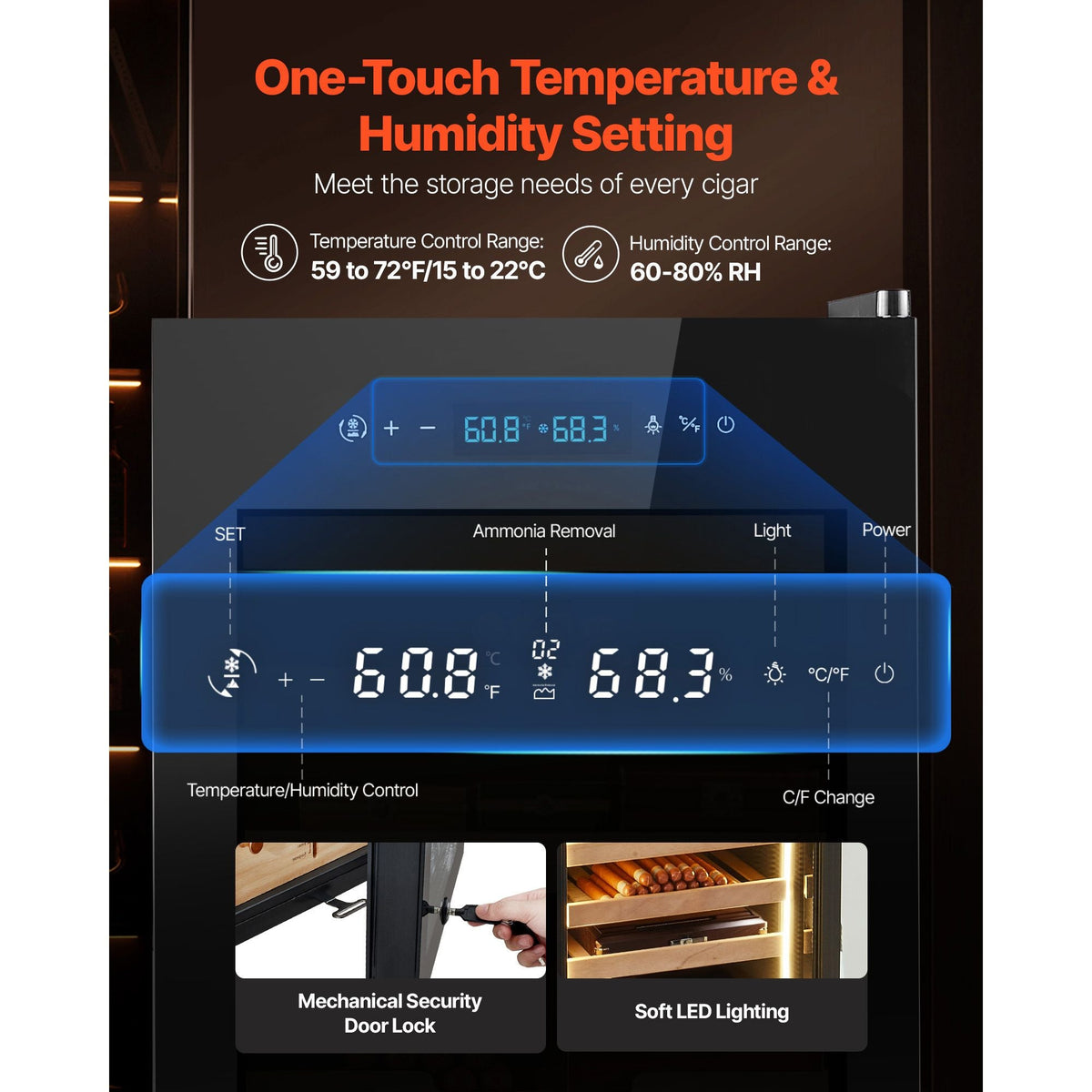 Electric Humidor, 70L, 400 Counts Electric Cigar Humidor Cabinet with Compressor Cooling, Constant Humidity & Temperature Control, Spanish Cedar Wood Shelves & Drawers, 4 Layers, for Household