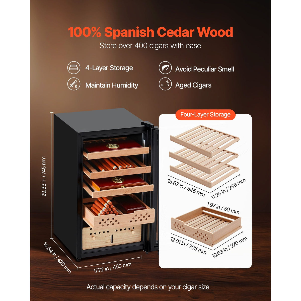 Electric Humidor, 70L, 400 Counts Electric Cigar Humidor Cabinet with Compressor Cooling, Constant Humidity & Temperature Control, Spanish Cedar Wood Shelves & Drawers, 4 Layers, for Household