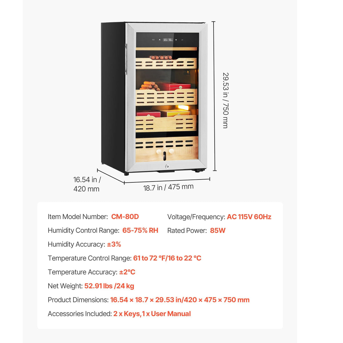 Electric Humidor, 75L, 450 Counts Electric Cigar Humidor Cabinet with Compressor Cooling, Constant Humidity & Temperature Control, Spanish Cedar Wood Shelves & Drawers, 4 Layers, for Household