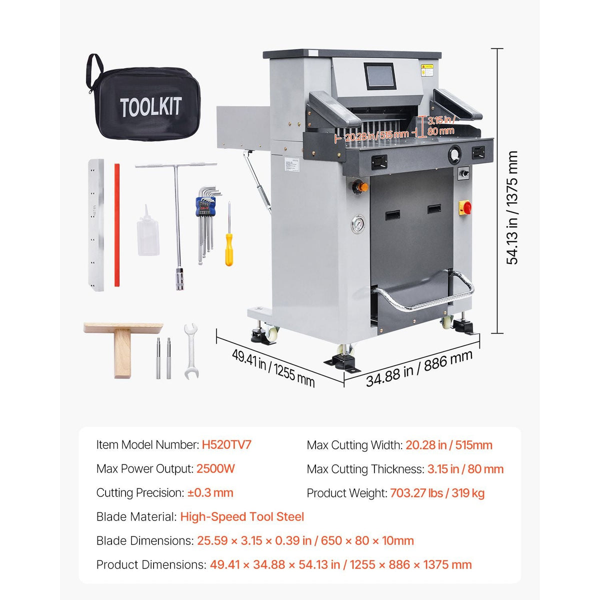 Electric Hydraulic Paper Cutter, 2500W Heavy Duty Paper Cutter Machine 20.2 in/515 mm Cutting Width, 3.1 in/80 mm Cutting Thickness, Electric Guillotine Trimmer with Casters & Infrared Function