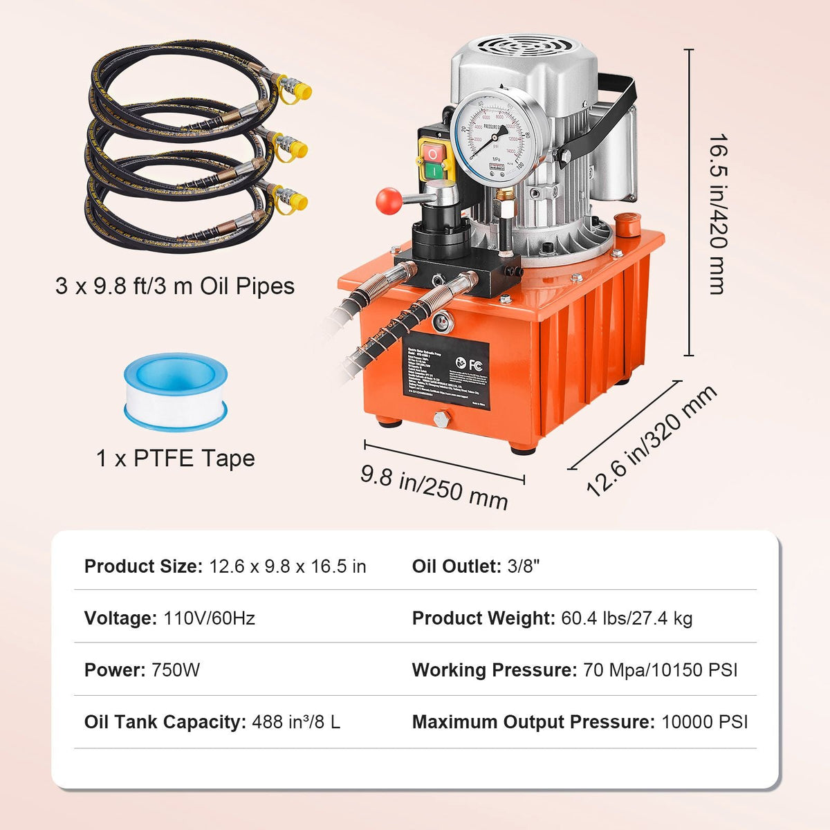 Electric Hydraulic Pump, 10000 PSI 750W 110V, 488 in³/8L Capacity, Double Acting Manual Valve, Electric Driven Hydraulic Pump Power Pack Unit with Lever Switch for Punching/Bending/Jack Machines