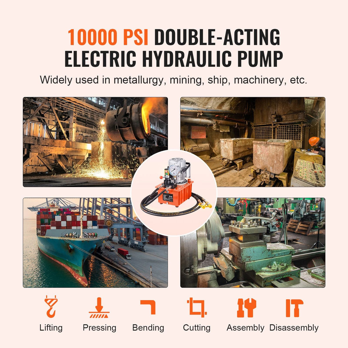 Electric Hydraulic Pump, 10000 PSI 750W 110V, 488 in³/8L Capacity, Double Acting Manual Valve, Electric Driven Hydraulic Pump Power Pack Unit with Lever Switch for Punching/Bending/Jack Machines