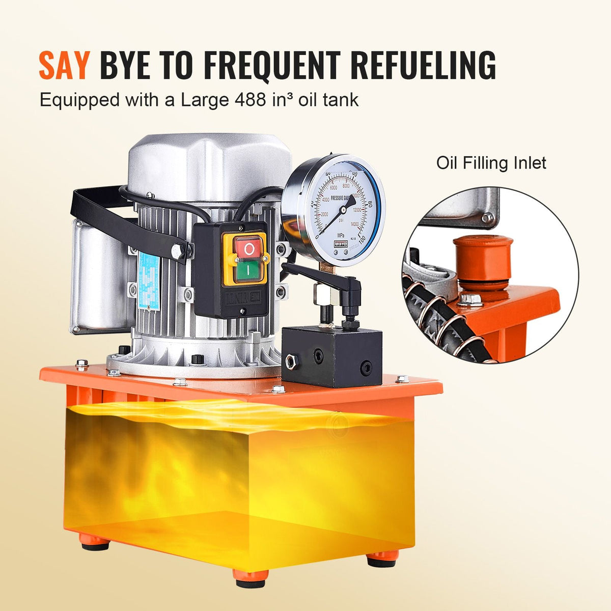 Electric Hydraulic Pump, 10000 PSI 750W 110V, 488 in³/8L Capacity, Single Acting Manual Valve, Electric Driven Hydraulic Pump Power Pack Unit with Lever Switch for Punching/Bending/Jack Machines