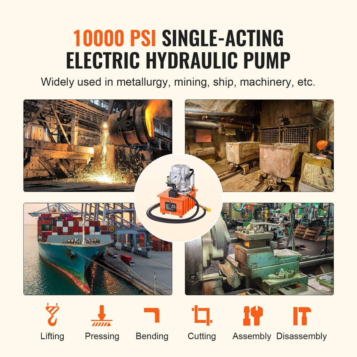 Electric Hydraulic Pump, 10000 PSI 750W 110V, 488 in³/8L Capacity, Single Acting Manual Valve, Electric Driven Hydraulic Pump Power Pack Unit with Lever Switch for Punching/Bending/Jack Machines