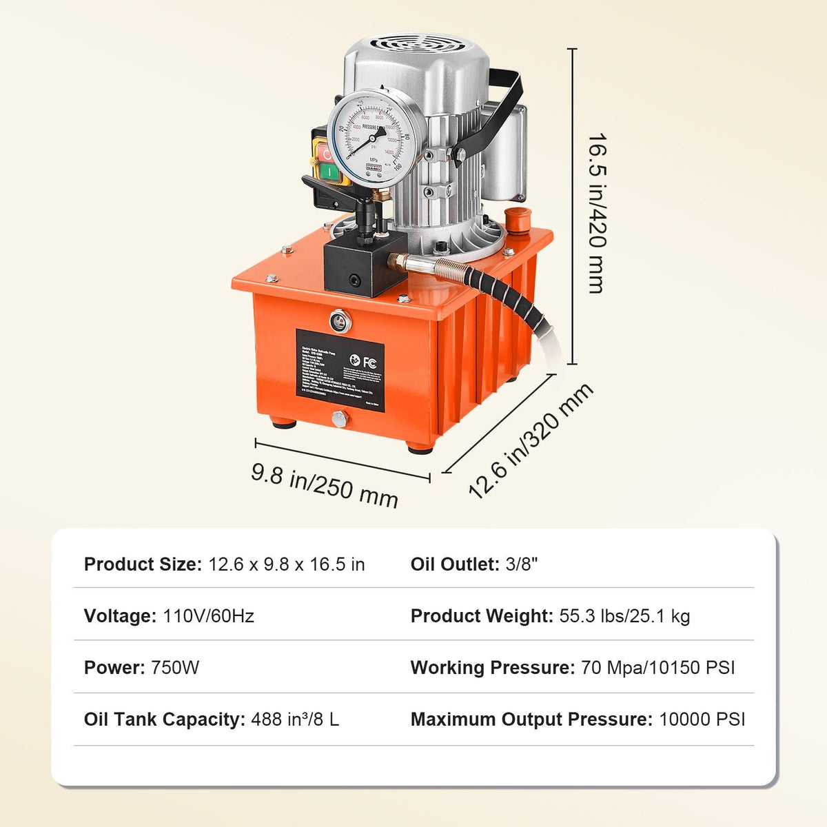 Electric Hydraulic Pump, 10000 PSI 750W 110V, 488 in³/8L Capacity, Single Acting Manual Valve, Electric Driven Hydraulic Pump Power Pack Unit with Lever Switch for Punching/Bending/Jack Machines