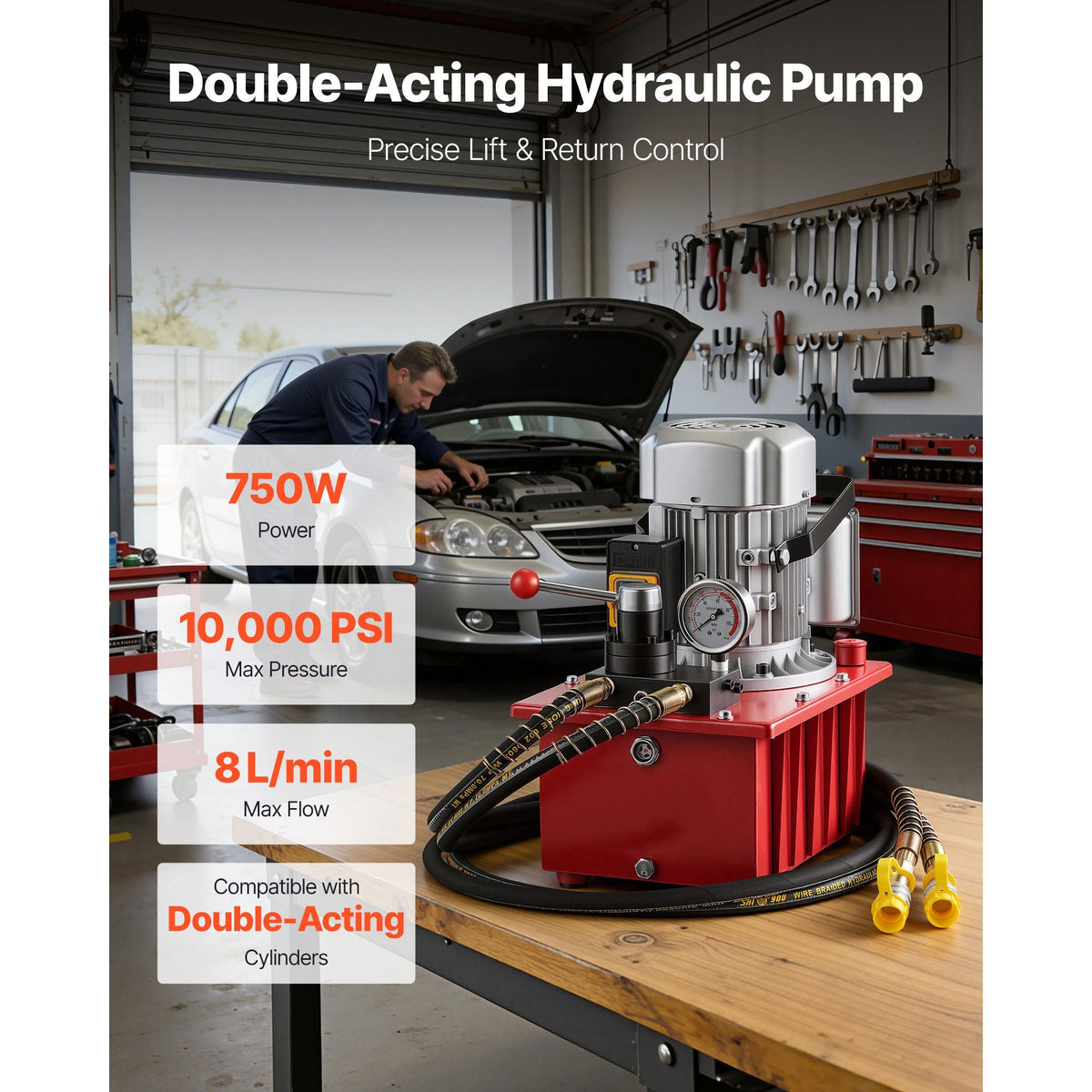 Electric Hydraulic Pump, 750W 10,000 PSI, 120V Double Acting Electric Driven Hydraulic Pump Power Pack Unit, with Manual Valve, 2.1 Gallon / 8L, for Punching, Bending, Double Acting Cylinders