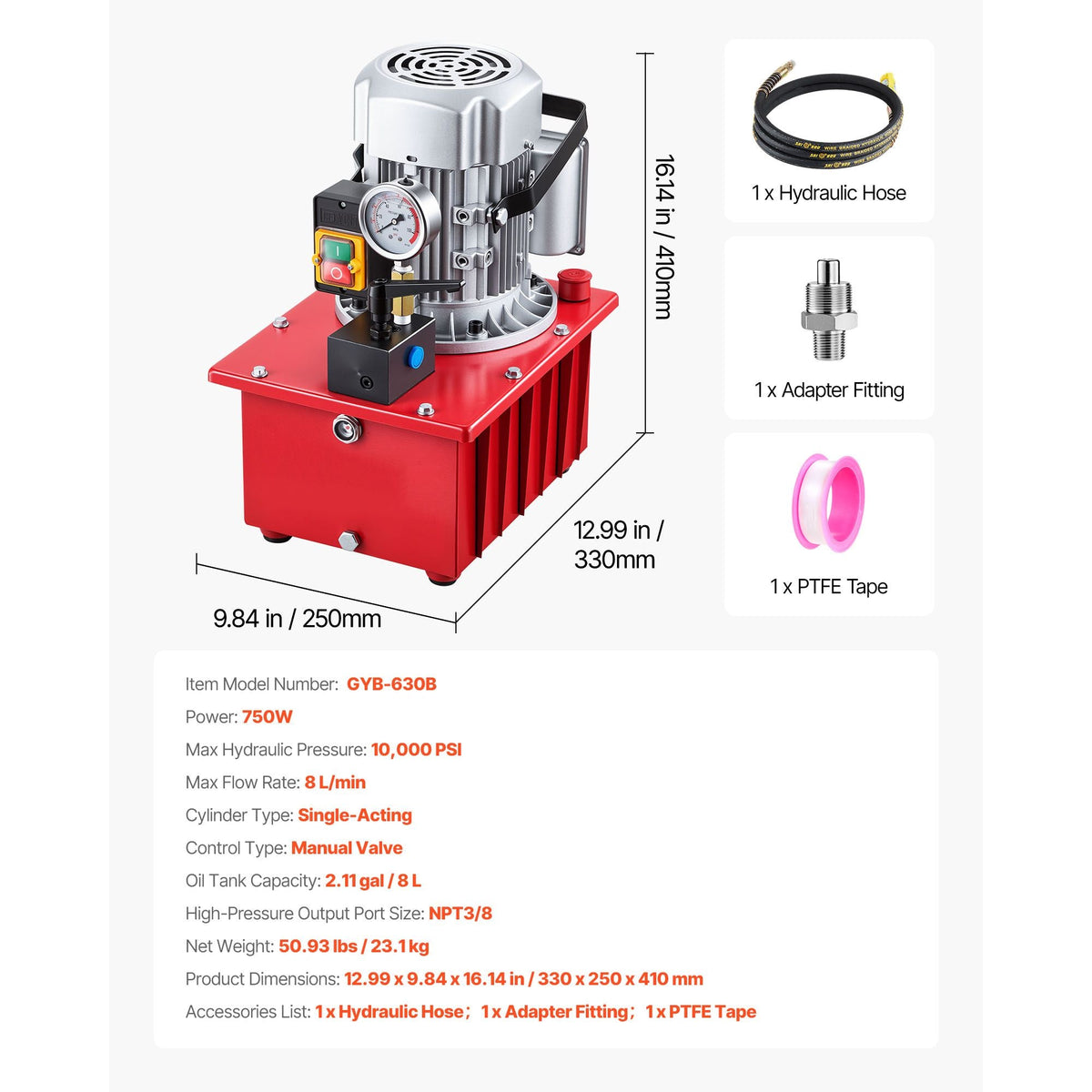Electric Hydraulic Pump, 750W 10,000 PSI, 120V Single Acting Electric Driven Hydraulic Pump Power Pack Unit, with Manual Valve, 2.1 Gallon / 8L, for Punching, Bending, Single Acting Cylinders