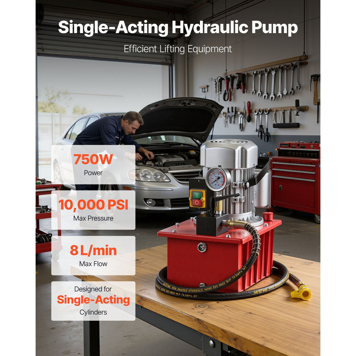 Electric Hydraulic Pump, 750W 10,000 PSI, 120V Single Acting Electric Driven Hydraulic Pump Power Pack Unit, with Manual Valve, 2.1 Gallon / 8L, for Punching, Bending, Single Acting Cylinders