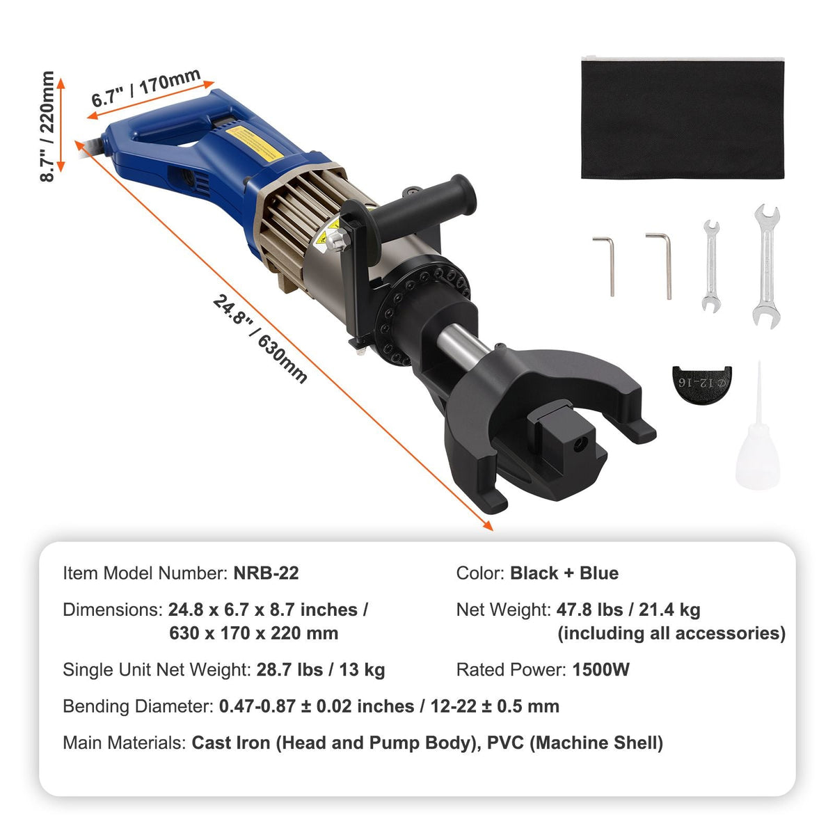 Electric Hydraulic Rebar Bender, 1.2 KW 0.9 inch 22 mm Hand Held Rebar Bender 110 V Portable Electric Rebar Bender, within 5 s