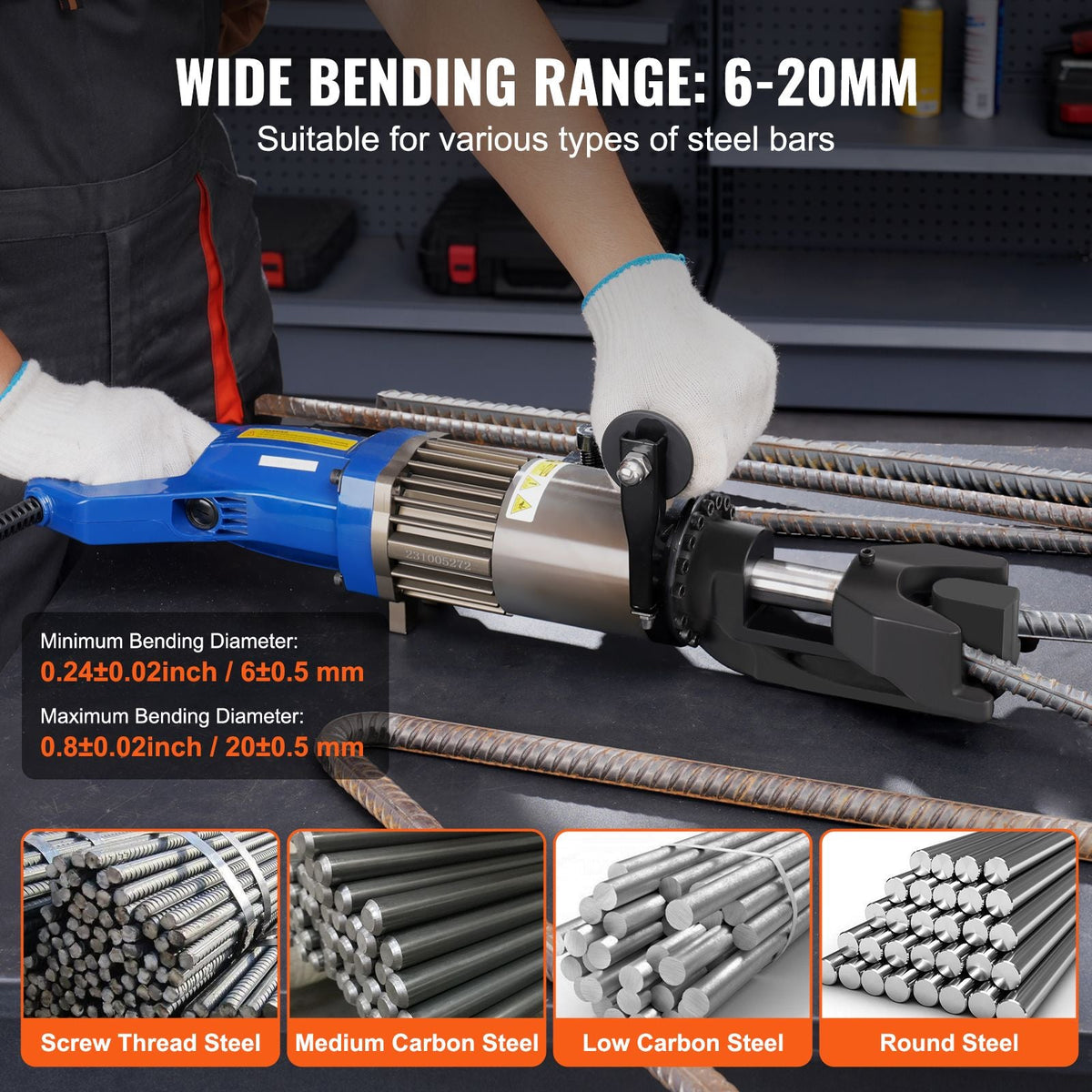 Electric Hydraulic Rebar Bender, 1500W Portable Rebar Bending Machine, Bending up to 3/4 Inch #6 (6-20mm) within 4 Seconds, High Power Steel Rebar Bender w/ Tool Case Oil Can,Black Blue RN-22
