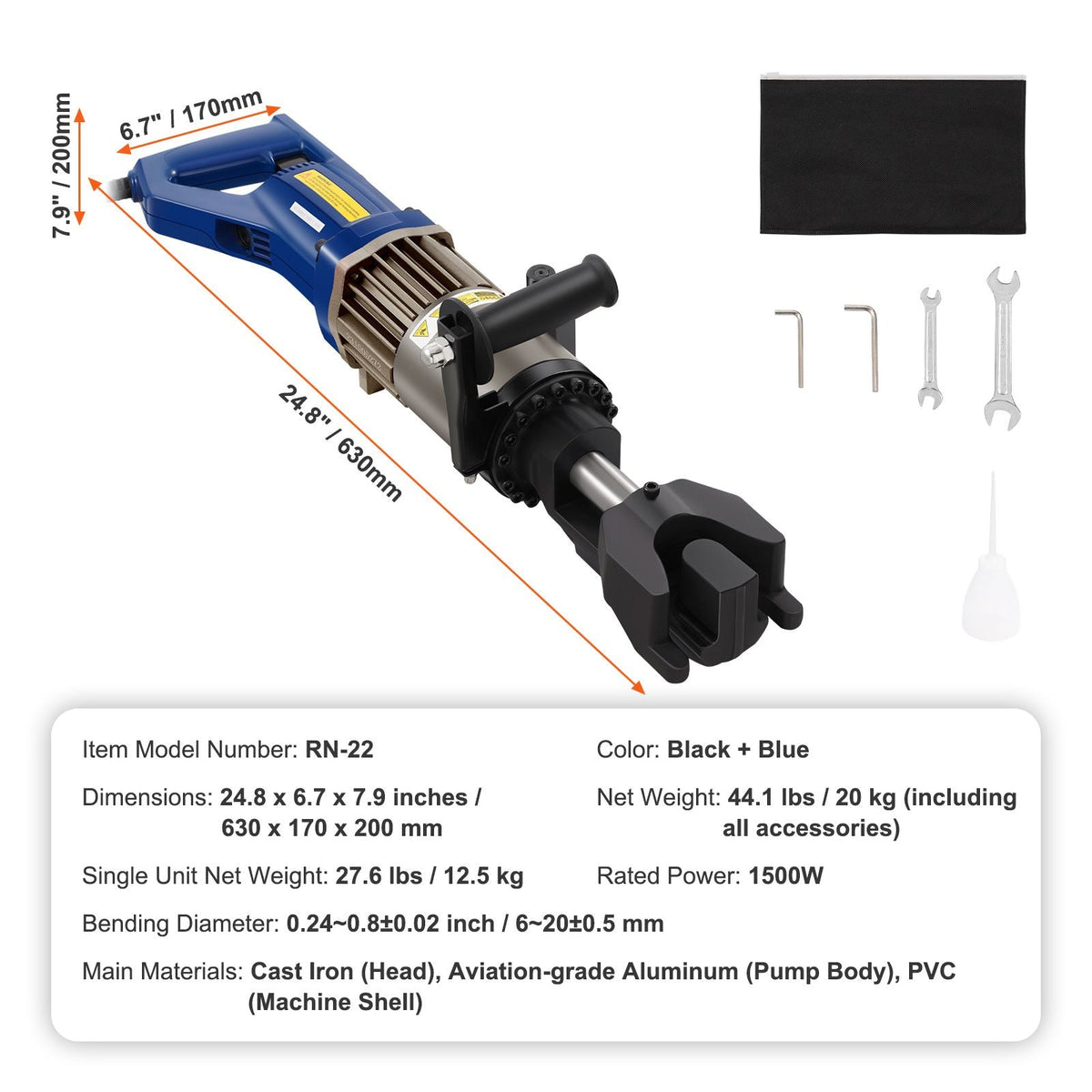 Electric Hydraulic Rebar Bender, 1500W Portable Rebar Bending Machine, Bending up to 3/4 Inch #6 (6-20mm) within 4 Seconds, High Power Steel Rebar Bender w/ Tool Case Oil Can,Black Blue RN-22