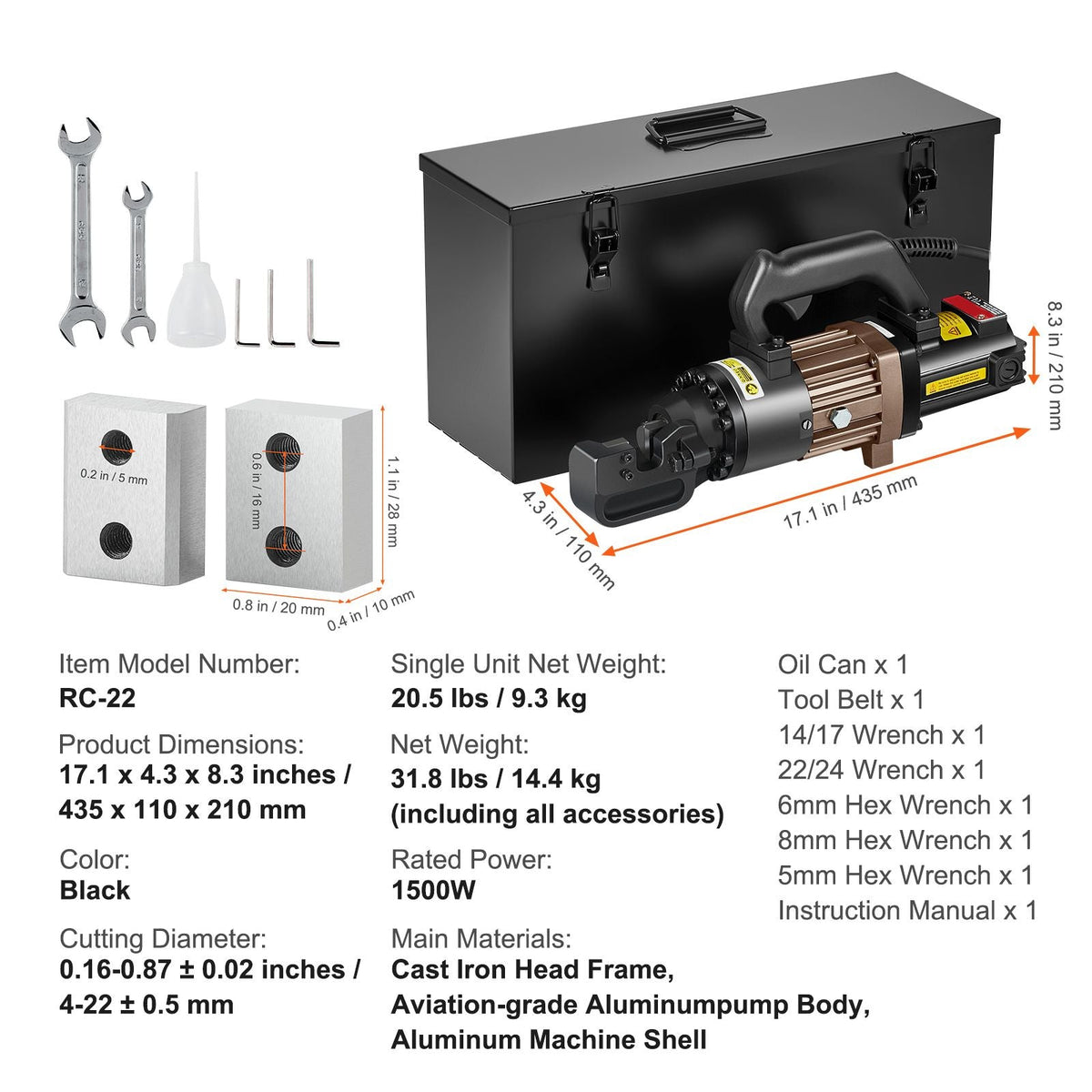 Electric Hydraulic Rebar Cutter, 1500W Portable Rebar Cutter, Cutting up to 7/8 Inch #7 4-22mm Rebar within 2.5 Seconds, High Power Steel Rebar Cutter with Oil Can Rich Accessories,Black RC-22