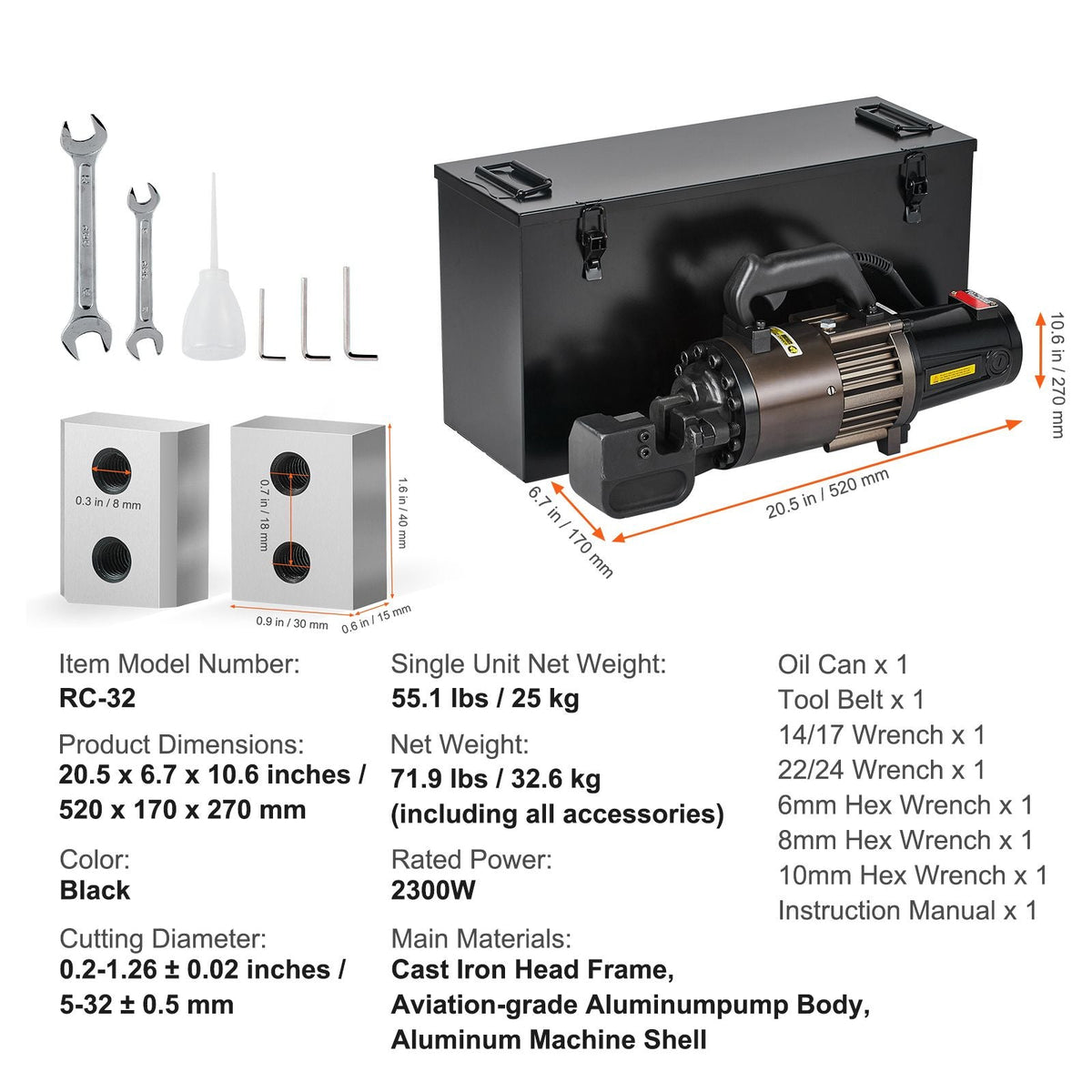 Electric Hydraulic Rebar Cutter, 2300W Portable Rebar Cutter, Cutting up to 1.26 Inch (5-32mm) Rebar within 4.5 Seconds, High Power Steel Rebar Cutter with Oil Can Rich Accessories,Black RC-32