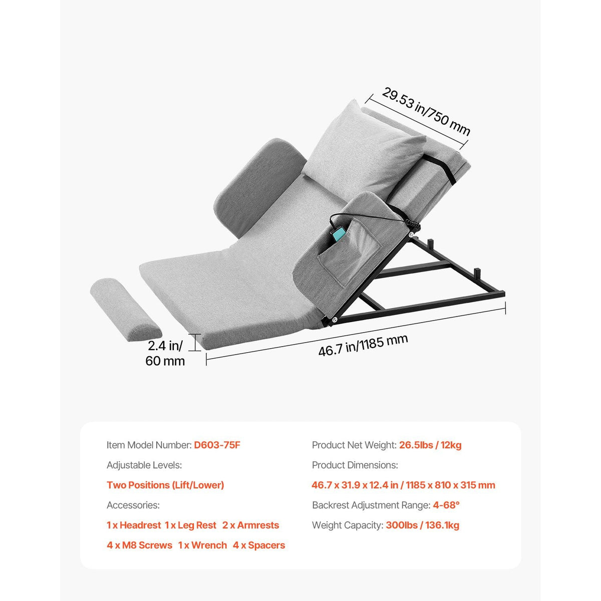 Electric Lifting Backrest for Bed, 300 lbs Capacity, 4-68° Adjustable Lifting Bed Backrest, with Guardrail Armrest & Storage Pouch, Machine Washable, for Pregnant Women Elderly Patient Handicap