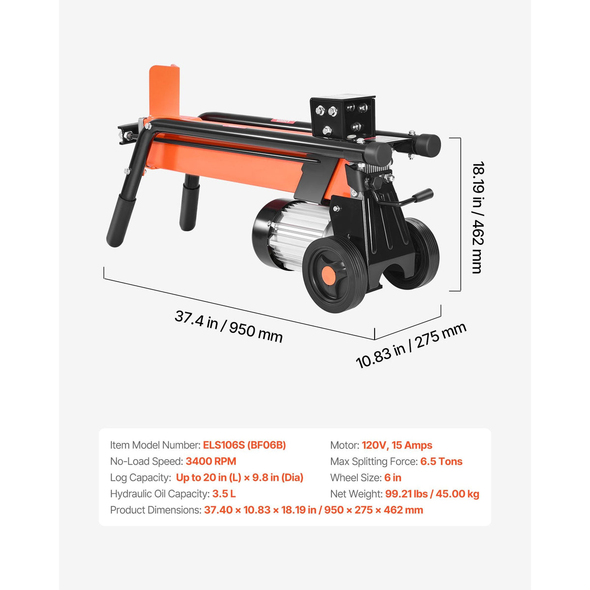 Electric Log Splitter, 6.5 Tons Electric Wood Splitter, 1500W 15 Amp Motor, Portable Firewood Splitting Machine with 6" Wheels, Wood Splitters for Forestry Harvesting, Efficient & Secure