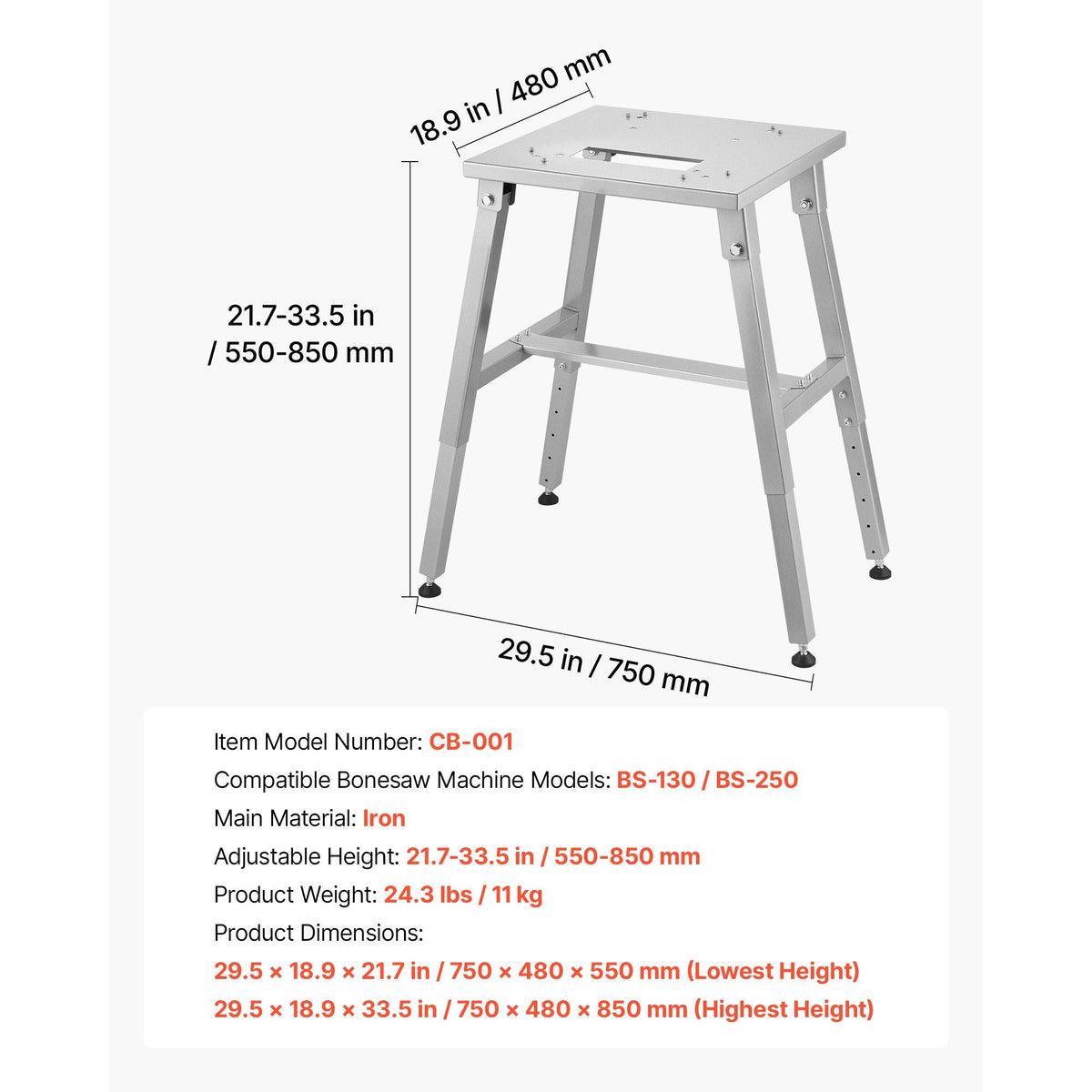 Electric Meat Bandsaw Stand, Floor Stand with Adjustable Height, Stable H-Shaped Frame, Anti-Slip Foot Pads, for Our Bone Saw Machine, Compatible with Models BS-130 & BS-250