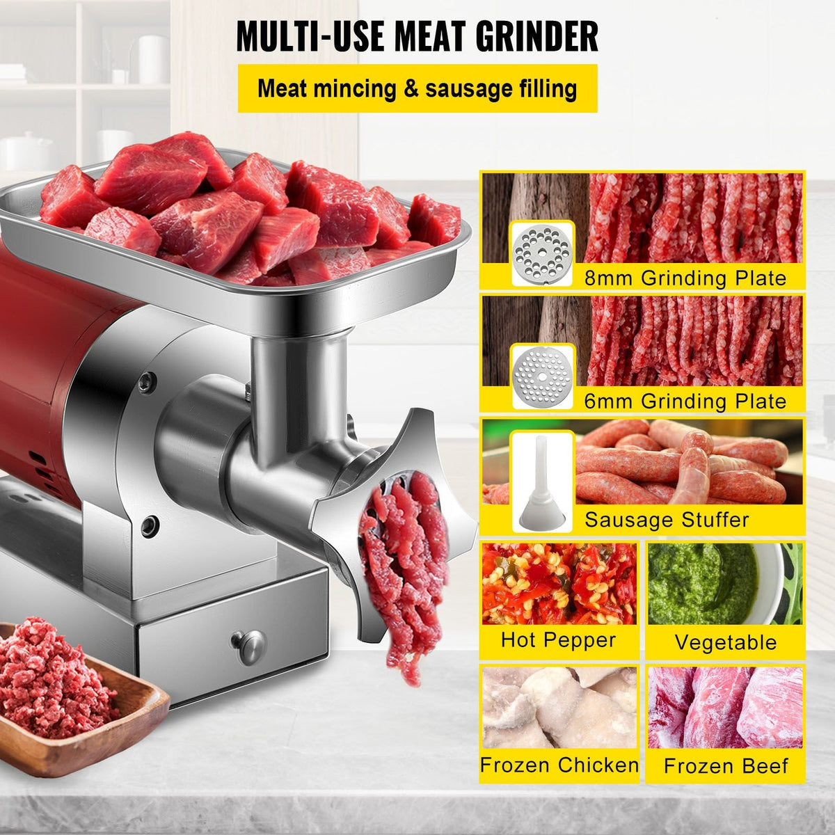 Electric Meat Grinder, 661 Lbs/Hour 800 W Meat Grinder Machine, 1.5 HP Electric Meat Mincer with 2 Grinding Plates, Sausage Kit Set Meat Grinder Heavy Duty, Home Kitchen & Commercial Use Red