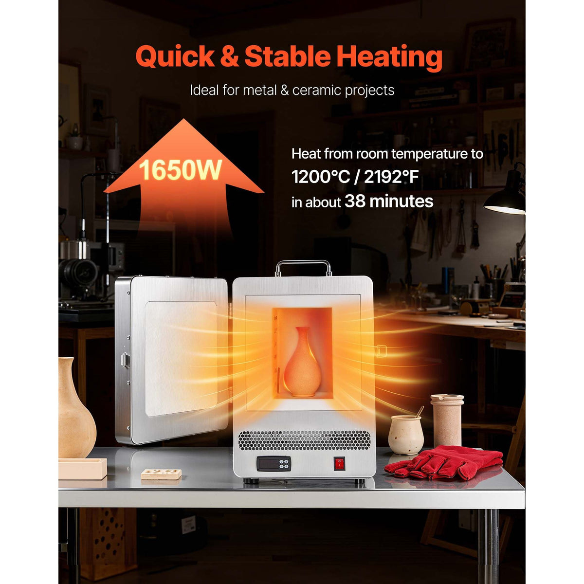 Electric Melting Furnace, 1650W Electric Kiln, Digital Melting Furnace with Max Temp 2192Fahrenheit/1200Celsius for Lost-Wax Casting, Clay DIY, Metal Annealing, Ceramic Firing, PID Temp Control