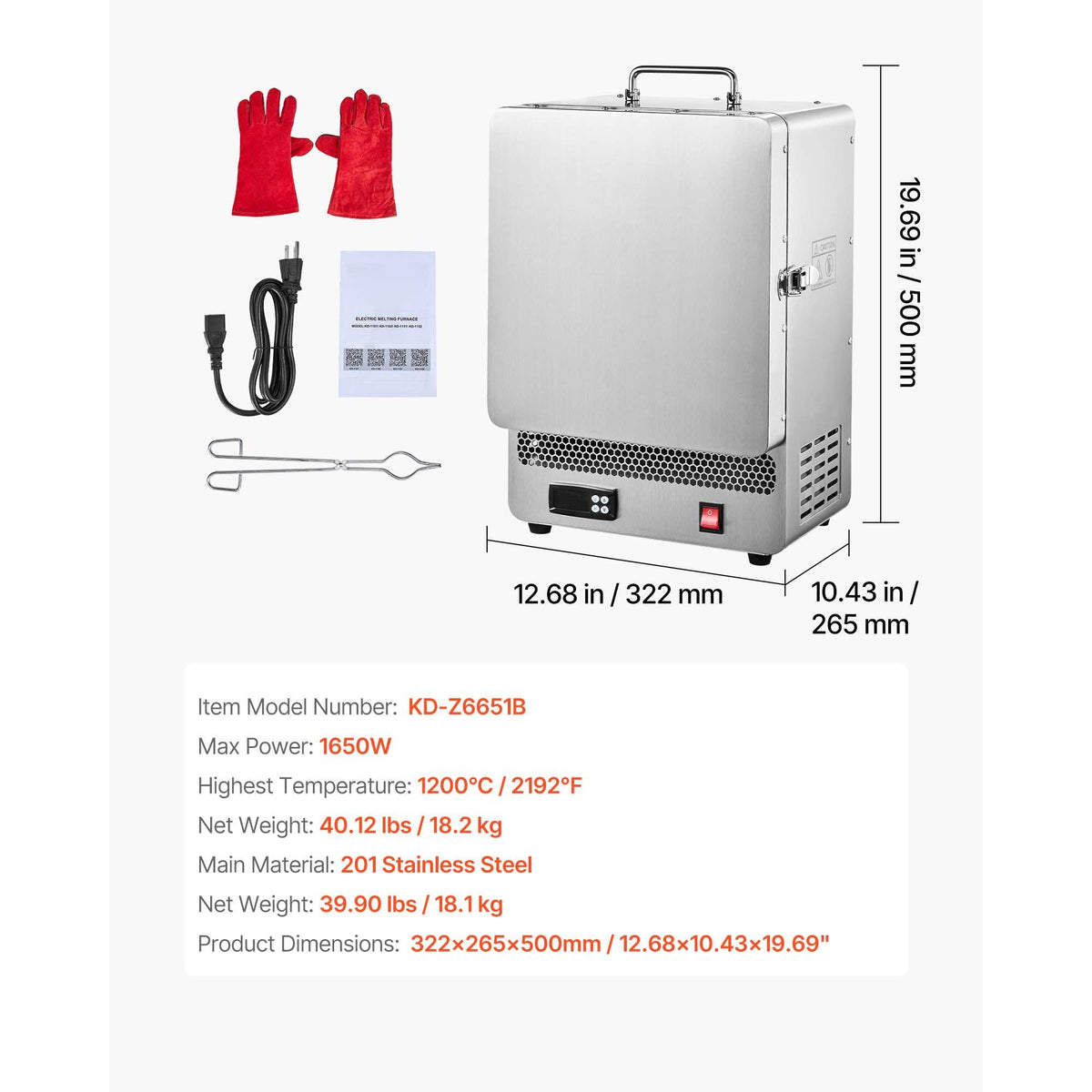 Electric Melting Furnace, 1650W Electric Kiln, Digital Melting Furnace with Max Temp 2192Fahrenheit/1200Celsius for Lost-Wax Casting, Clay DIY, Metal Annealing, Ceramic Firing, PID Temp Control