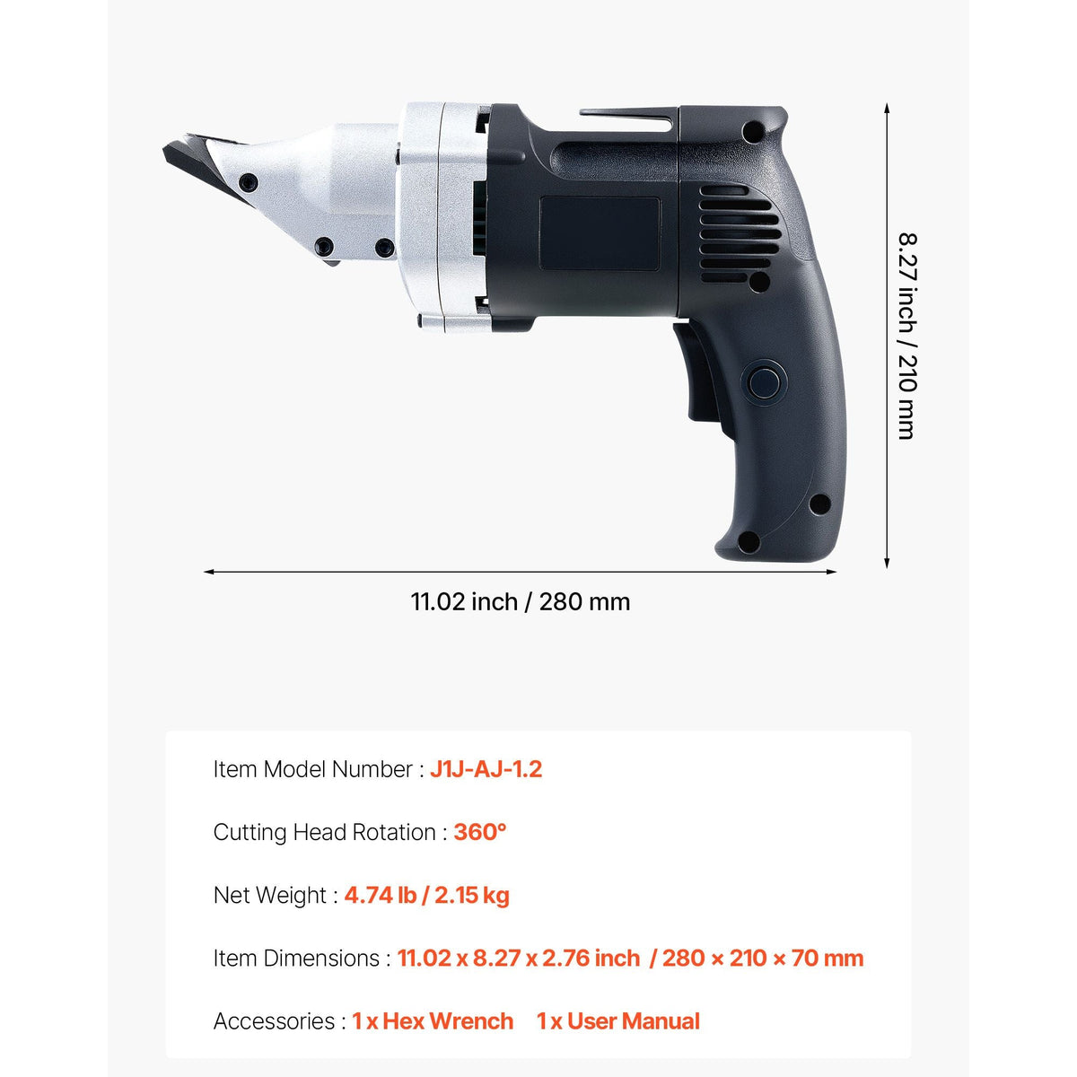 Electric Metal Shear, 4.0-Amp Corded Sheet Metal Cutter with 360-Degree Swivel Head, Variable Speed, Continuous Cutting, Clean Cut for 18GA Galvanized Steel, 20 GA Stainless Steel, 2500 SPM