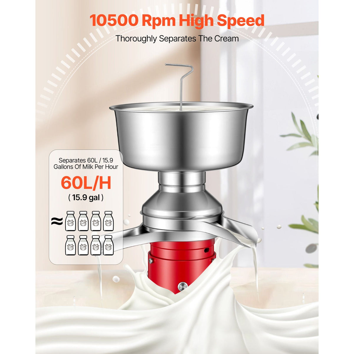 Electric Milk Cream Separator, 60L/H Output 10500RPM Milk Cream Centrifugal Separator, 304 Stainless Steel Goat Cow Milk Skimmer Separating Machine with 4.5L Bowl Capacity (40W, 100-240V)