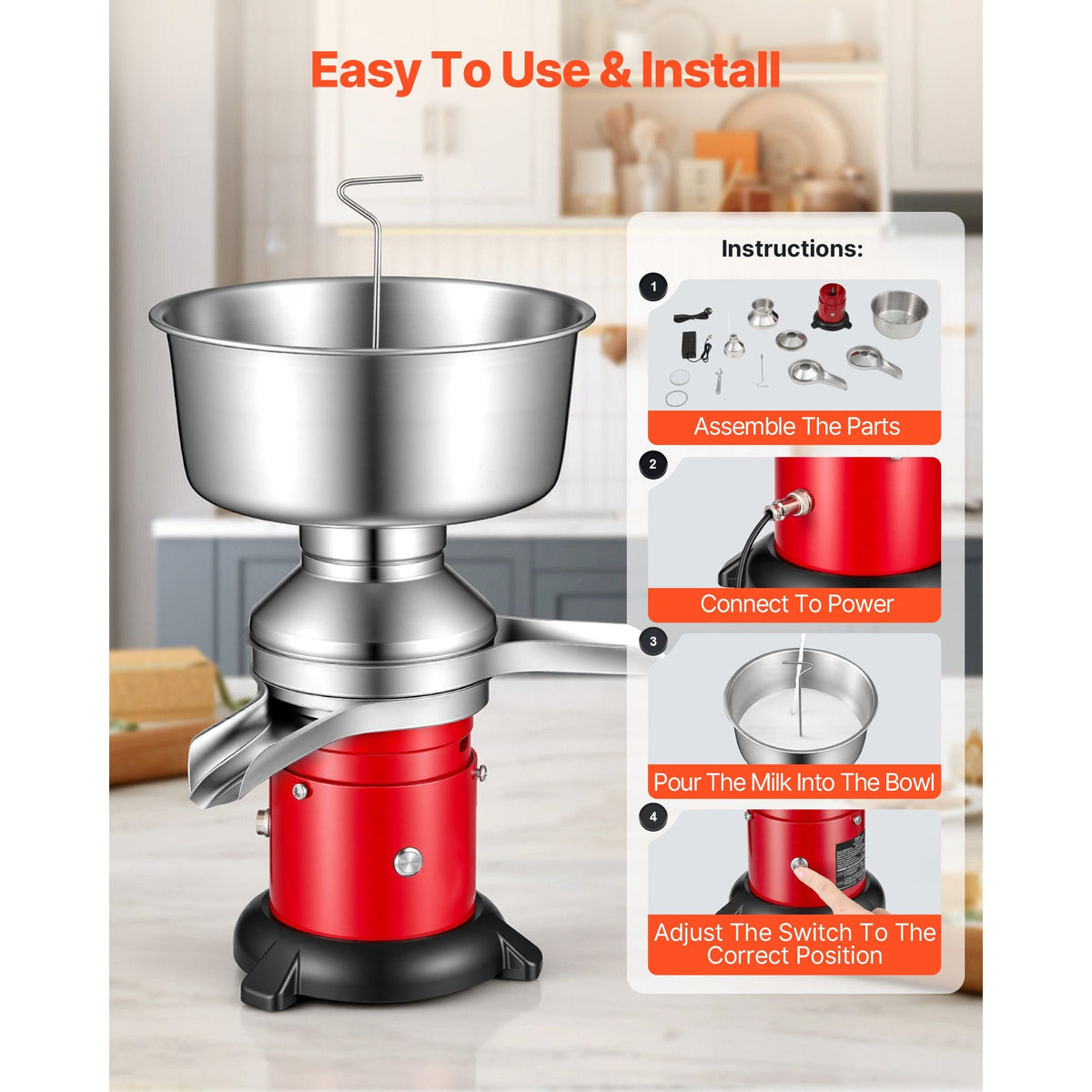 Electric Milk Cream Separator, 60L/H Output 10500RPM Milk Cream Centrifugal Separator, 304 Stainless Steel Goat Cow Milk Skimmer Separating Machine with 4.5L Bowl Capacity (40W, 100-240V)
