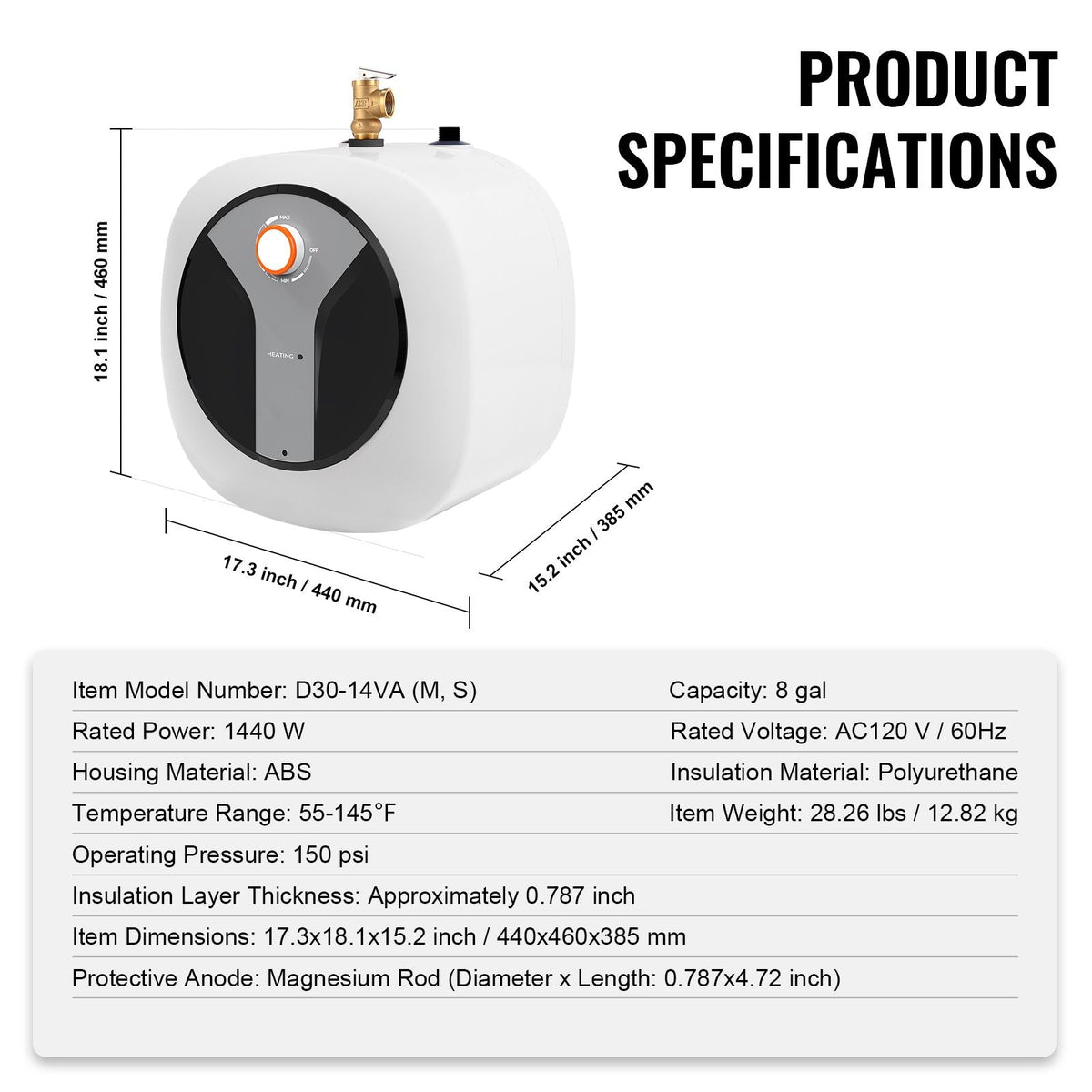 Electric Mini-Tank Water Heater 8-Gallon Tank, 1440W Hot Water Boiler Storage, Safety Temperature Pressure Valve Easy Install, for Kichen Bathroom Restaurant, Shelf Wall Floor Mounted