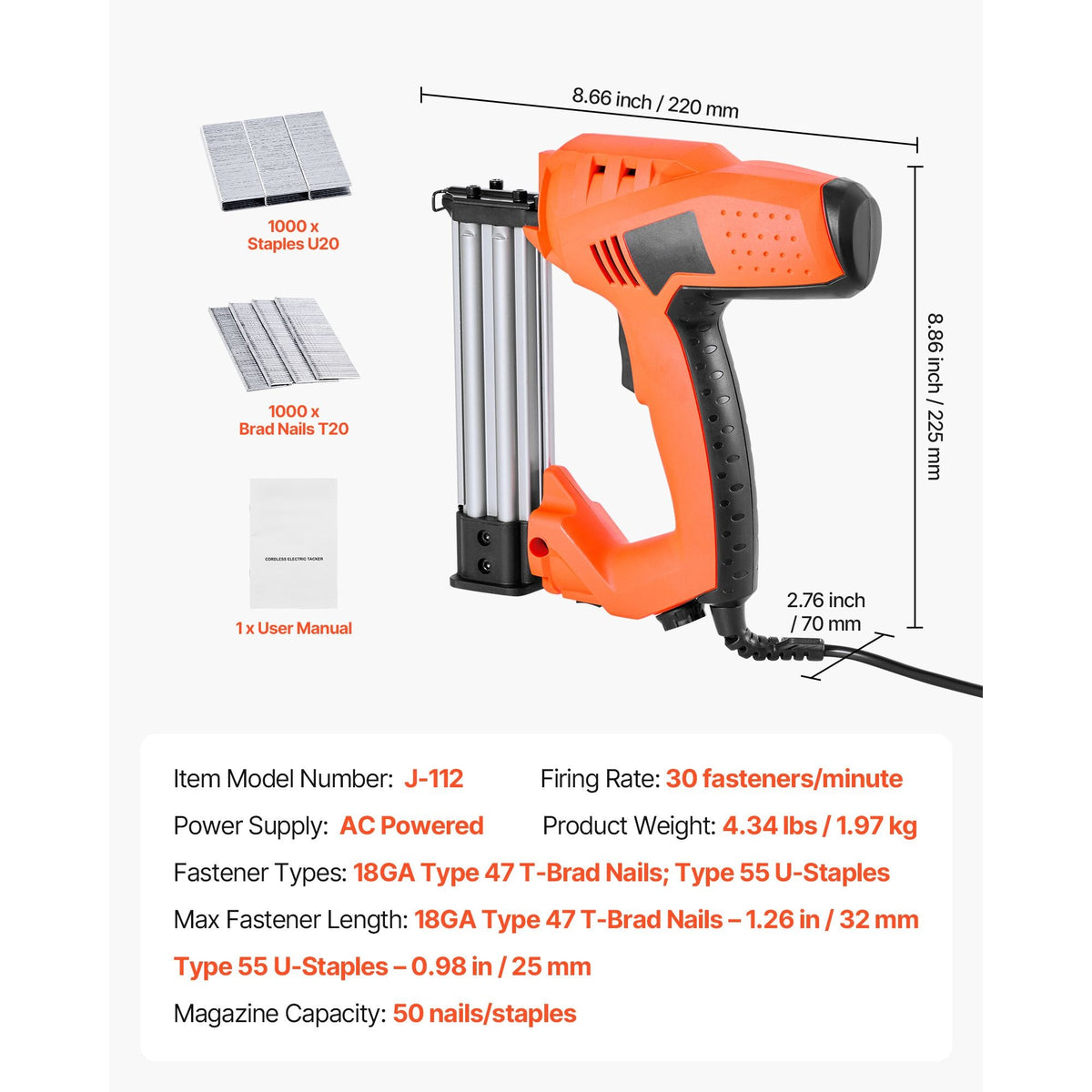 Electric Nail Gun, 2-in-1 Staple Gun Brad Nailer, 18 Gauge 1-1/4 inch, Stapler Brad Nailer with 1000 Pcs Staples and 1000 Pcs Nails, Non-Slip Rubber Grip, for Woodworking and DIY Projects